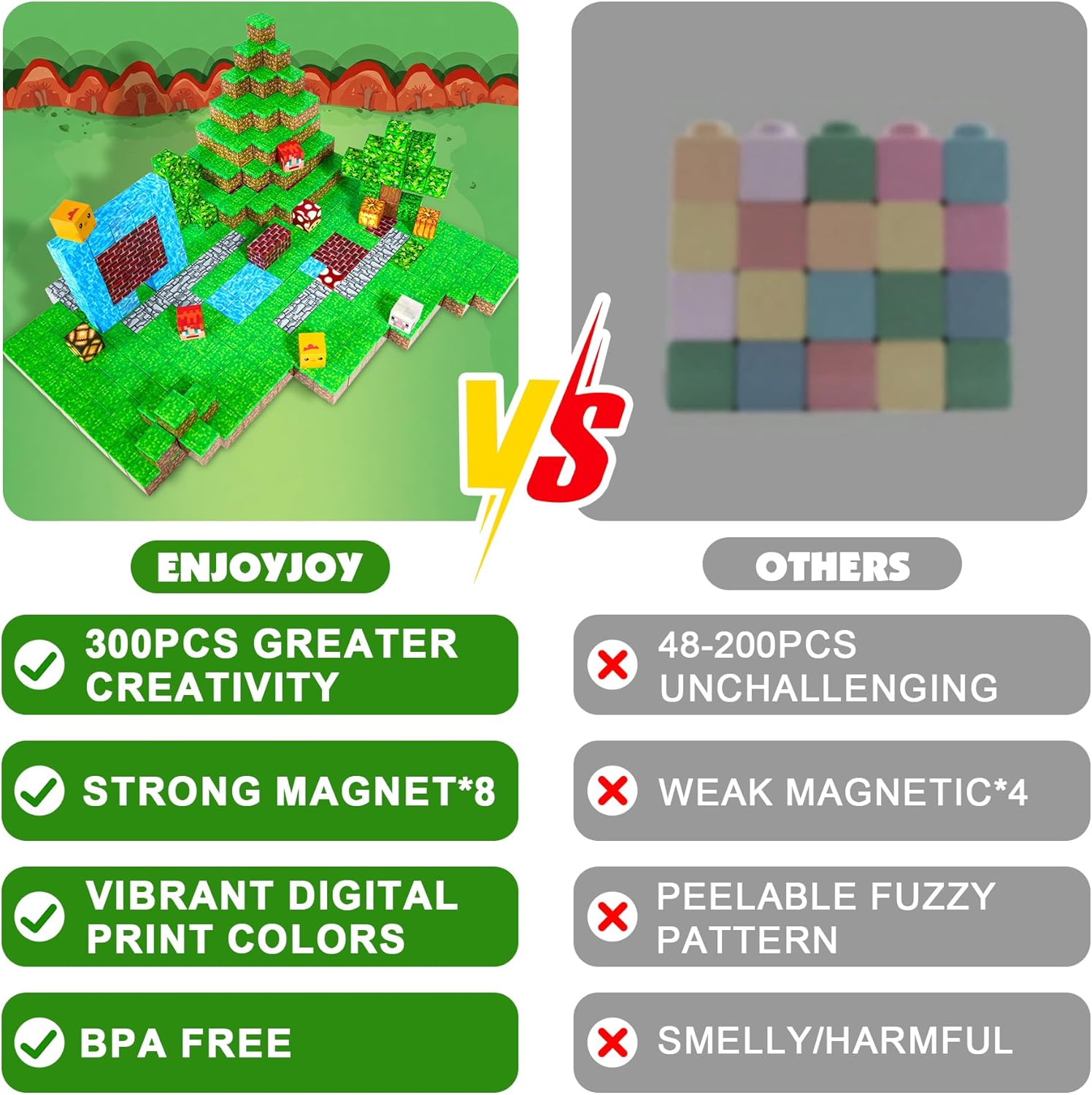 Enjoyjoy 300 PCS Magnetic Blocks -Magnetic Building Blocks Montessori Stacking Construction Sensory Toys Magnets Cubes for STEM Magnetic Blocks for Kids Ages 4-8 Boys Girls Christmas Birthday Gifts