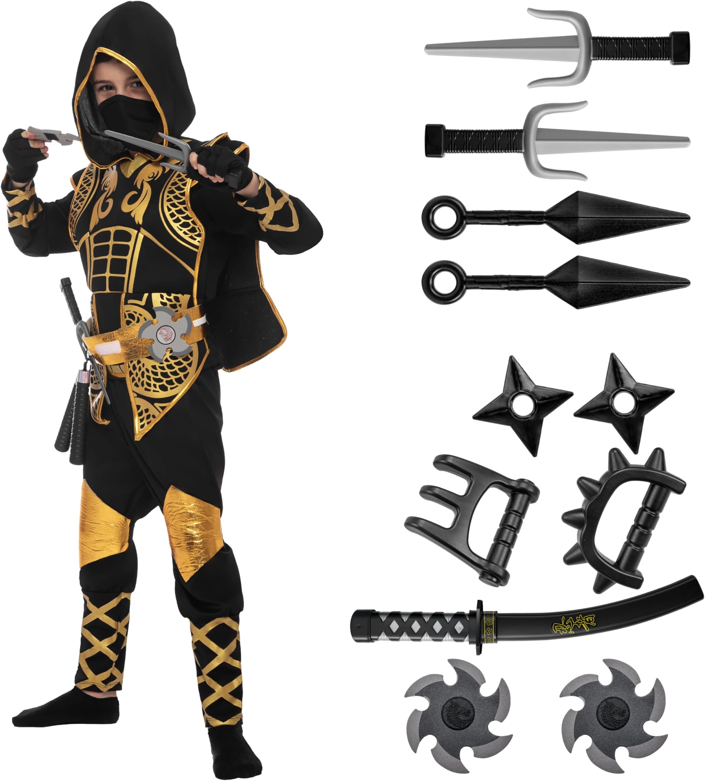 Spooktacular Creations Golden Ninja Costume Set, Ninja Jumpsuit with Foam Accessories for Kids, Toddler Halloween Outfit for Ideas Cosplay Party (Small, 5-7 yrs)