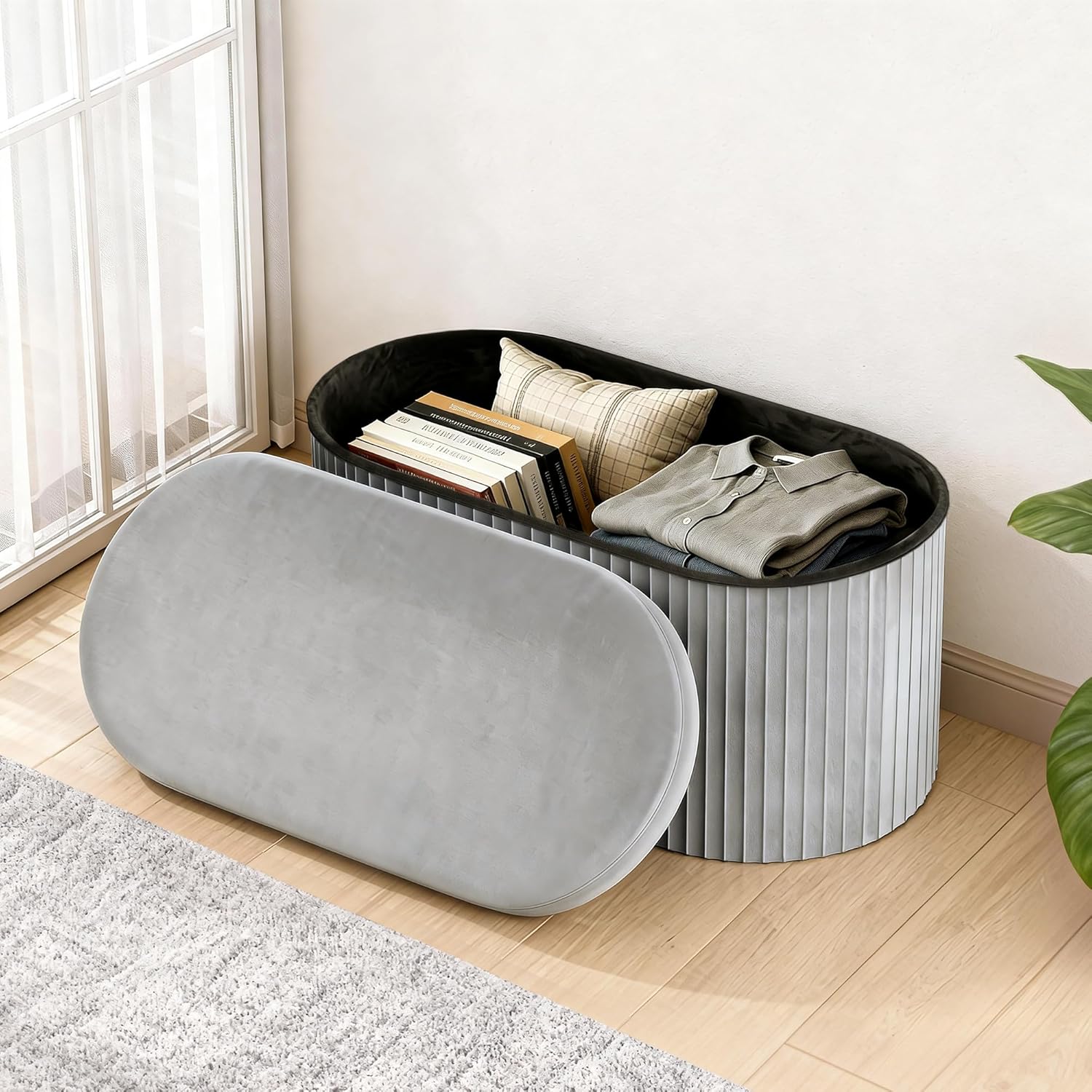 GLAXYFUR Oval Storage Ottoman Bench, Velvet Foot Rest, 30 Inch Folding Chest for Living Room, Bedroom, Grey