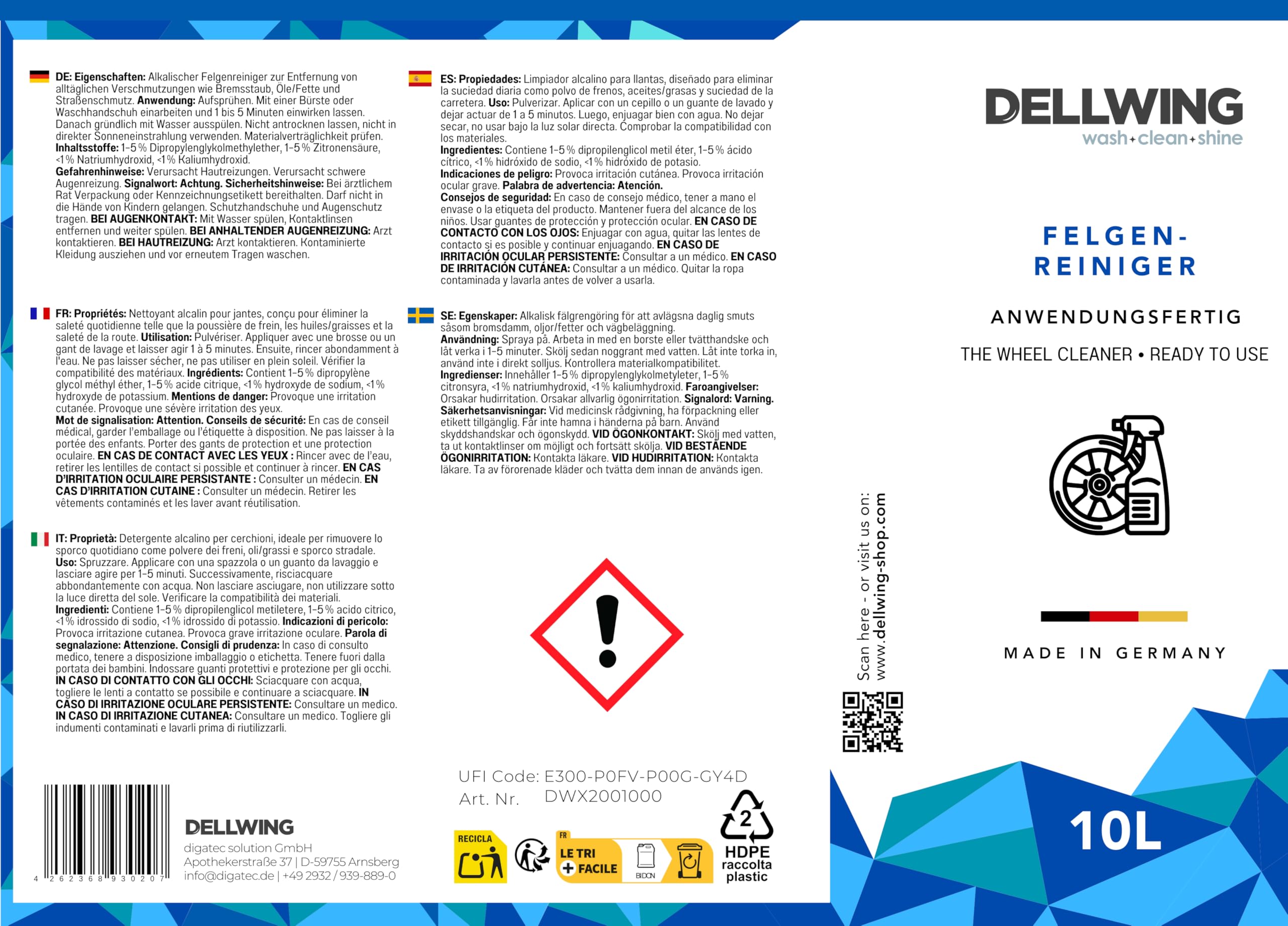 Dellwing Detergente per cerchioni pronto all’uso 10 l, adatto per cerchioni trattati, senza acidi, accessori auto, Made in Germany