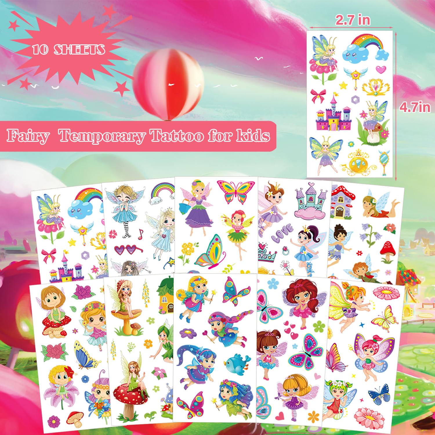 20 Hojas De Tatuajes Temporales Para Niños | Tema Mariposa Y Hada De Flores | Más De 200 Diseños Coloridos | Impermeables Y Duraderos 3-5 Días | Fáciles De Aplicar Y Quitar | Regalo Para Cumpleaños