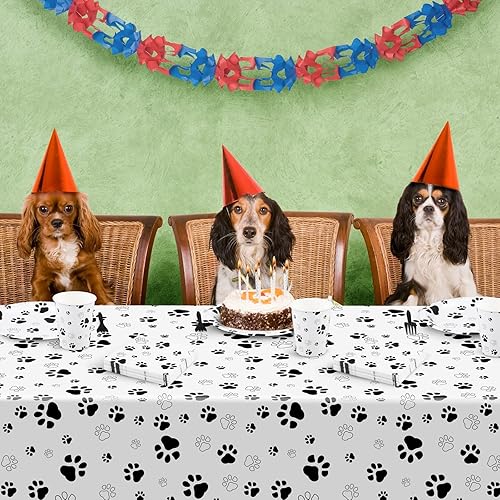 Vista 14 de durony 121 piezas de suministros de fiesta con estampado de pata azul para perro, mantel de cumpleaños para perros, platos, servilletas, tenedores