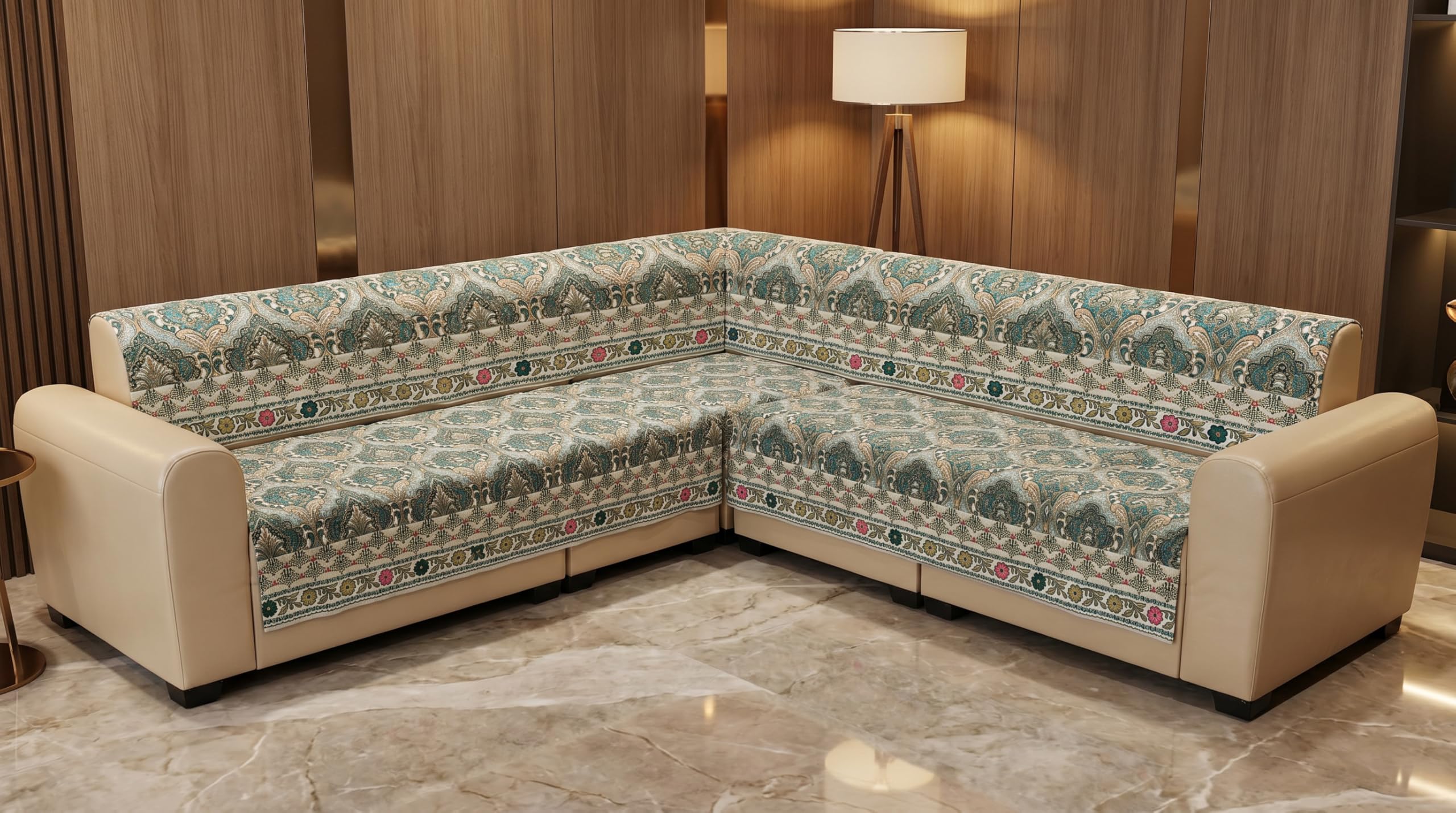 GOLDENIZ Luxury Sofa Cover L Shape 7 Seater - Emerald Paisley