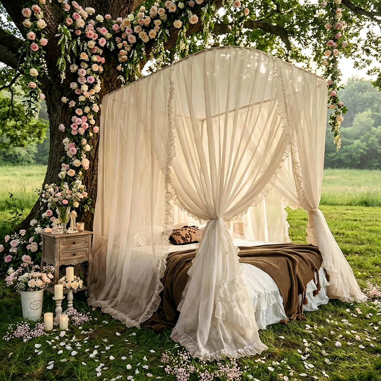 Zasłony z baldachimem na łóżko z moskitierą, eleganckie, miękkie lniane zasłony z 3 otworami do dekoracji sypialni, 150 cm szer. x 208 cm dł., idealne do pokoju dziewczęcego