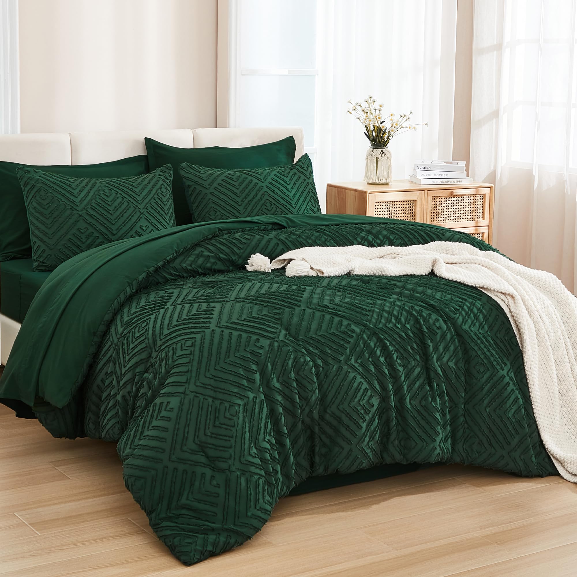Photo 1 of Andency Queen Comforter Set 7 Piece Dark Emerald Green - Bed in a Bag Queen Boho Lightweight Fluffy Tufted Bedding Sets with Comforter, Sheets, Pillowcases & Shams