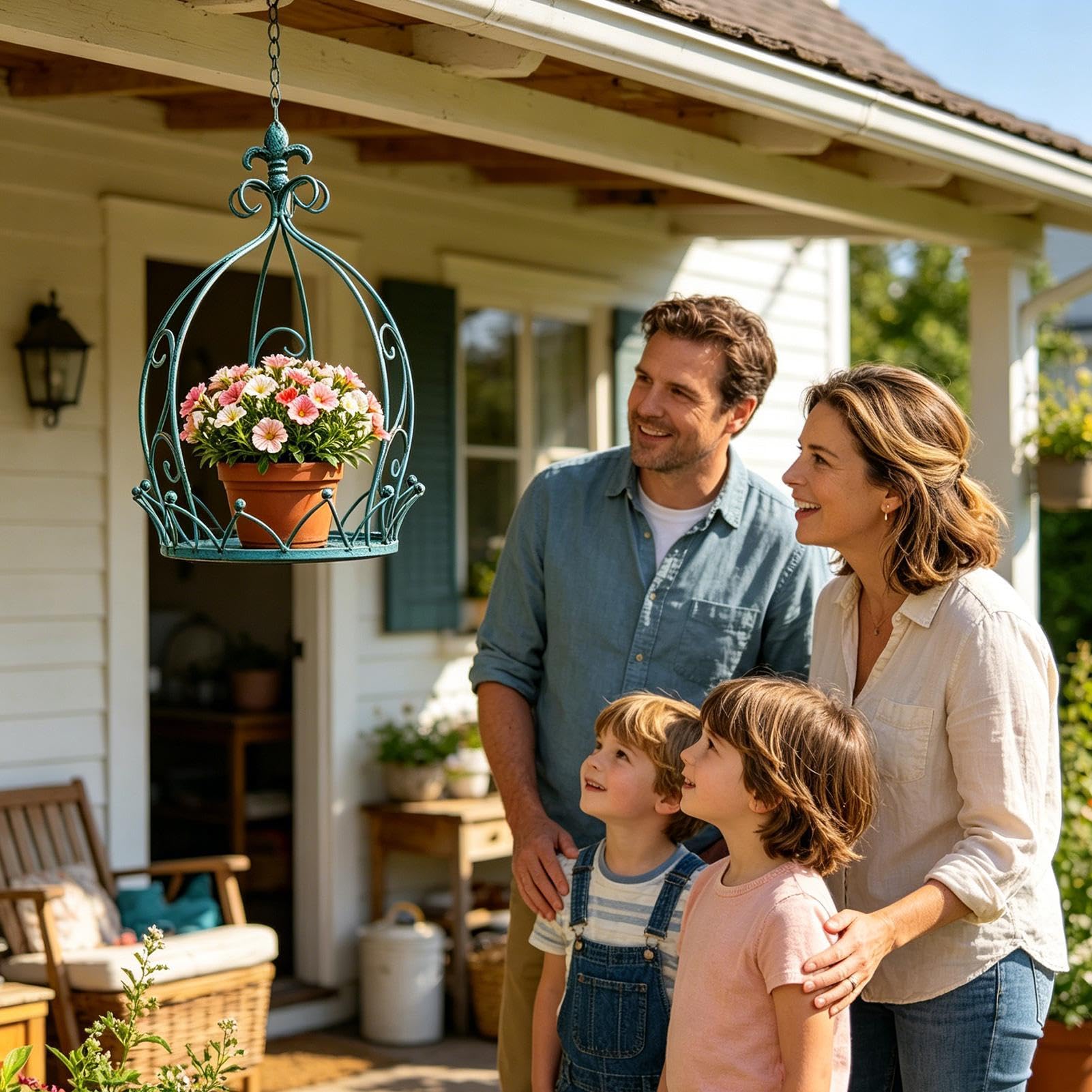 Suspension pour d'intérieur avec chaîne et panier décoratif en métal