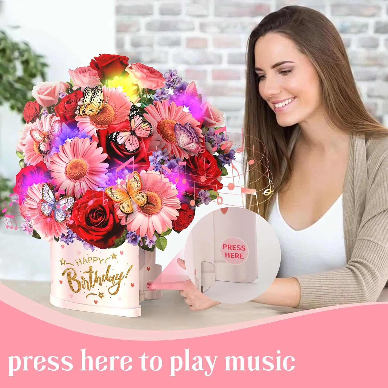 Birthday Cards with Music & Lights, Pop Up Happy Birthday Cards, 10 Inch Size Daisies & Butterflies Flower Bouquet, Birthday Cards for Girls, Women, Wife, Mom, Sisters - Image 3