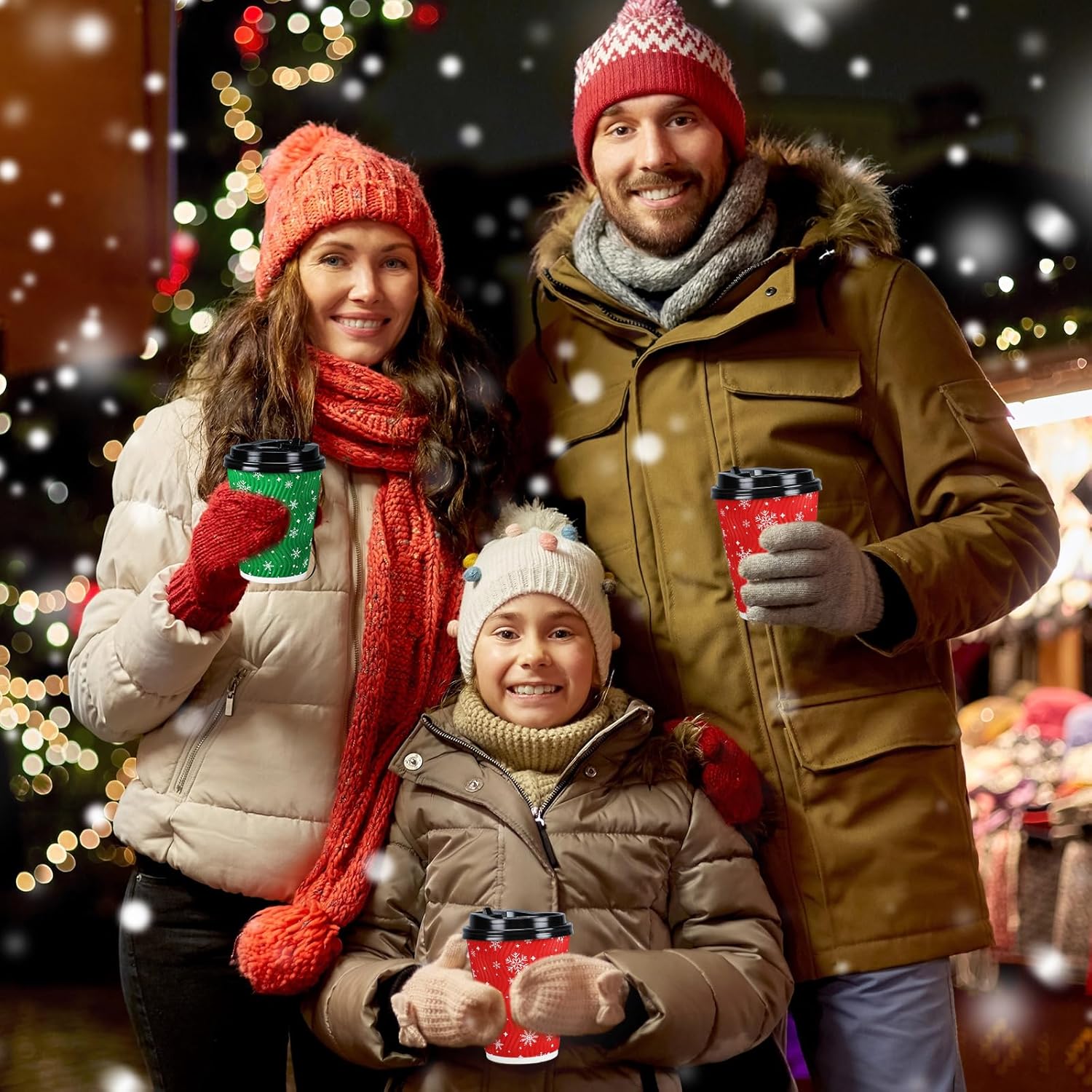200 Pcs Christmas Coffee Cups with Lids 12 oz Hot Drink Cups Xmas Snowflake Paper Cups Disposable Large Hot Beverage Cups for Water Tea Office Home Drink Travel(Red, Green)