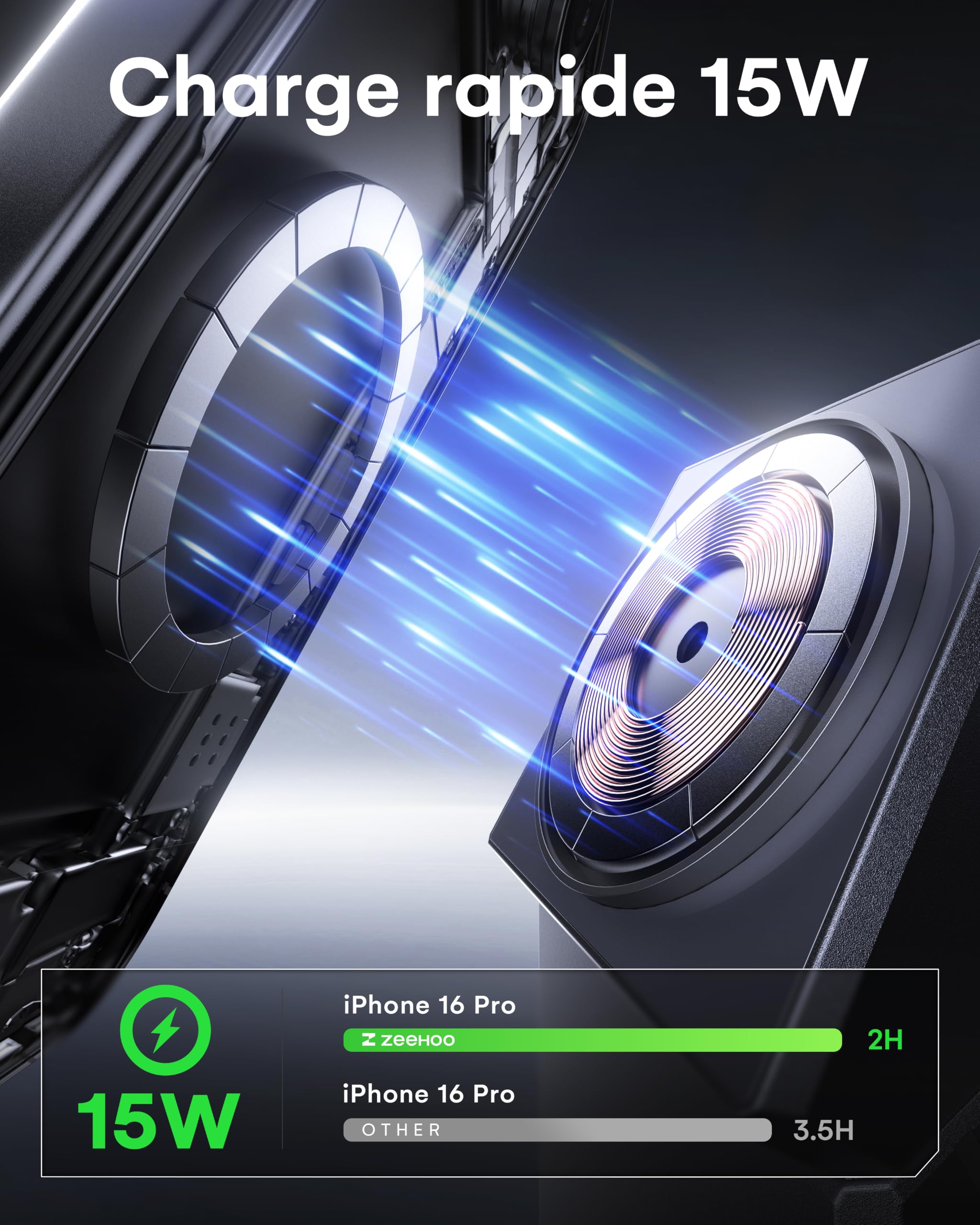 ZEEHOO Station de Charge 3 en 1 pour Apple, iPhone, Support de Chargeur Rotatif sans Fil pour iPhone 16, 15, 14, 13, 12, Apple Watch, AirPods (Chargeur USB-C Inclus)