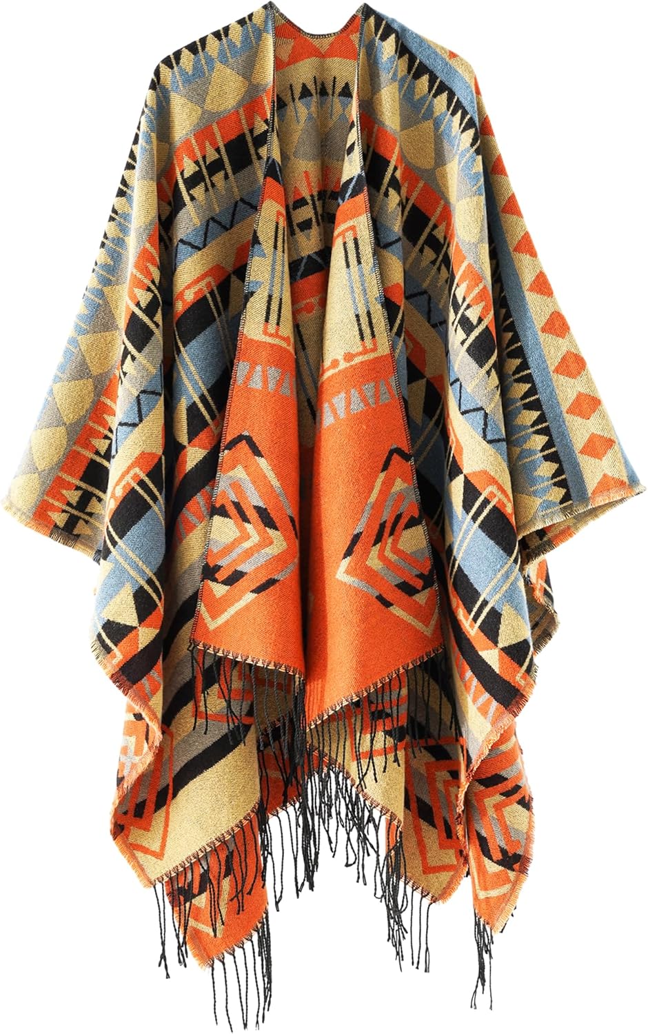 Hoosige Women's Tassel Open Front Poncho Cape 51.2 x 61'' Reversible Winter Warm Shawl Wrap Printed Poncho Cardigan for Women