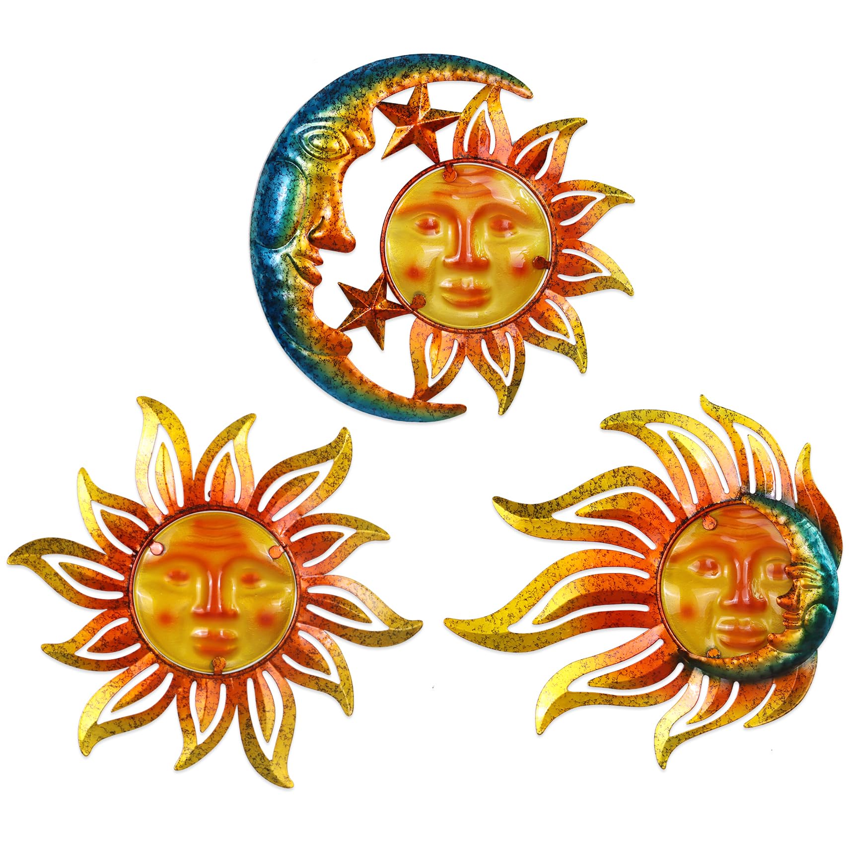 VinSees Metal Sun Wall Art Decor Outdoor Indoor, 3 Pack 12 Inch, Sun Moon and Star, Metal & Glass Outdoor Wall Decor for Patio Yard Garden Fence Porch.
