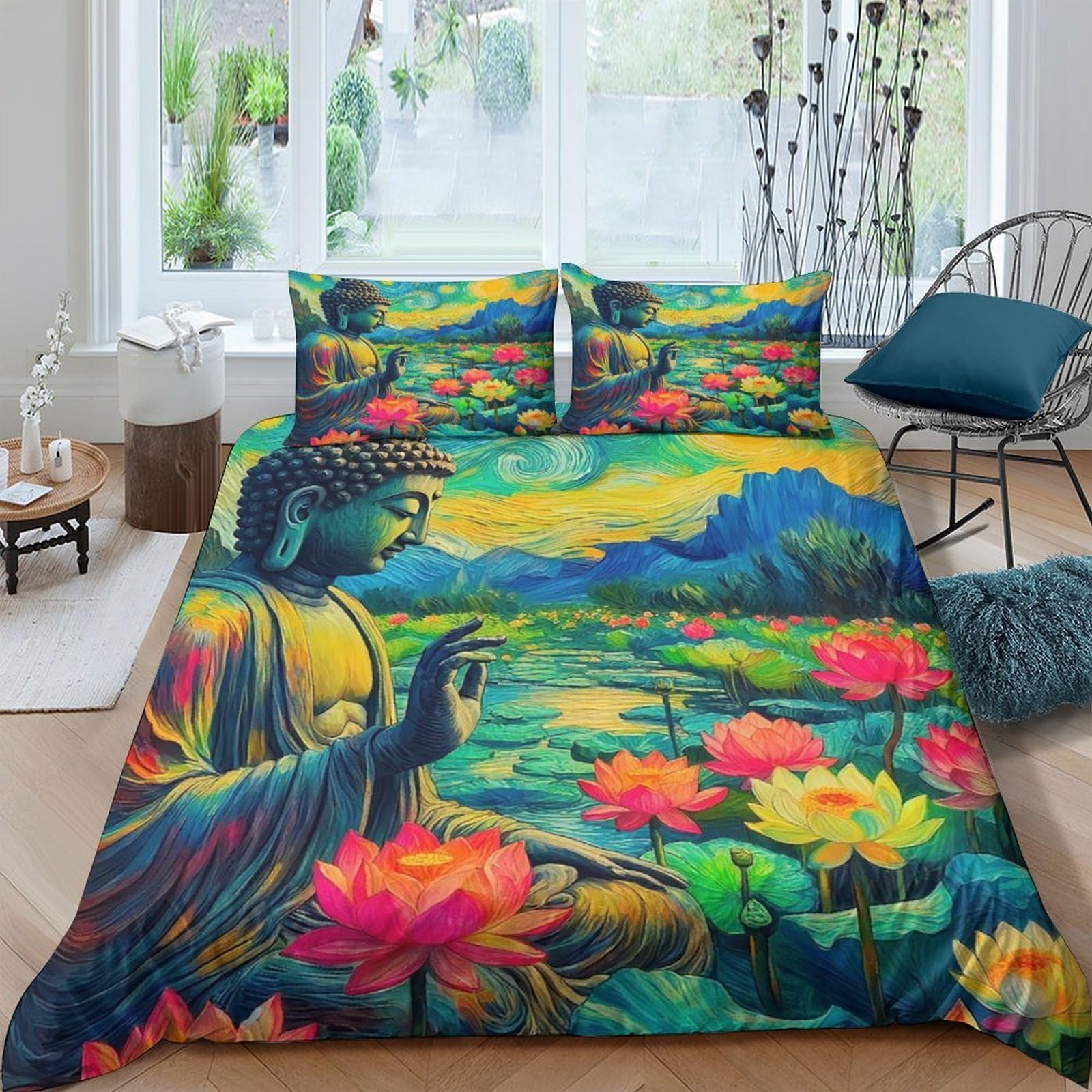 Housse de couette Bouddha zen pour une chambre parentale relaxante king size 3 pièces