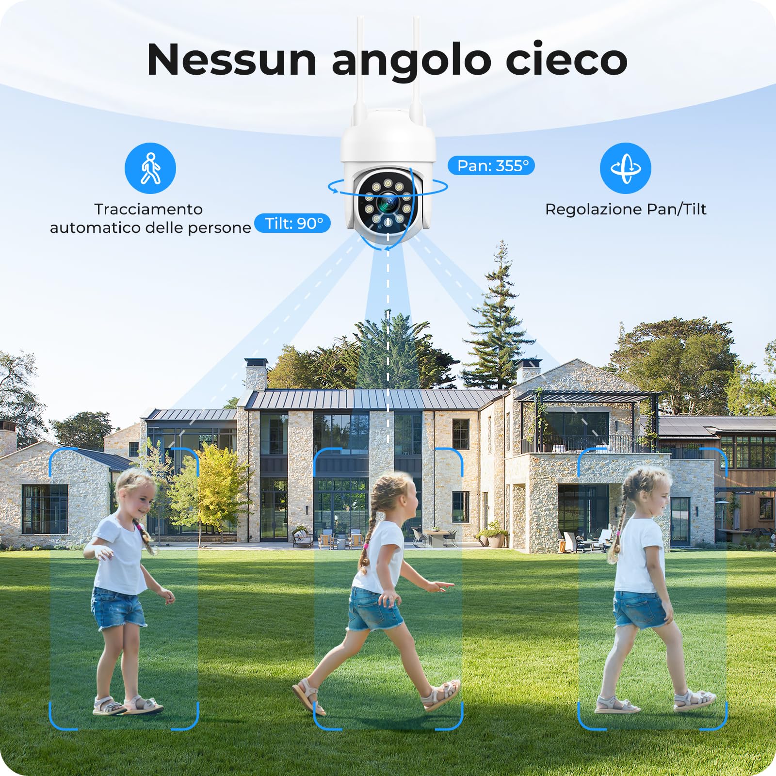 CAMCAMP kit videosorveglianza wifi telecamere da esterno videocamera sorveglianza, 360 gradi PTZ 16CH NVR con 500GB 2.4G& 5G wi-fi Vision Nocturne Couleur, AI Détection de Personne Enregistrement 24/7