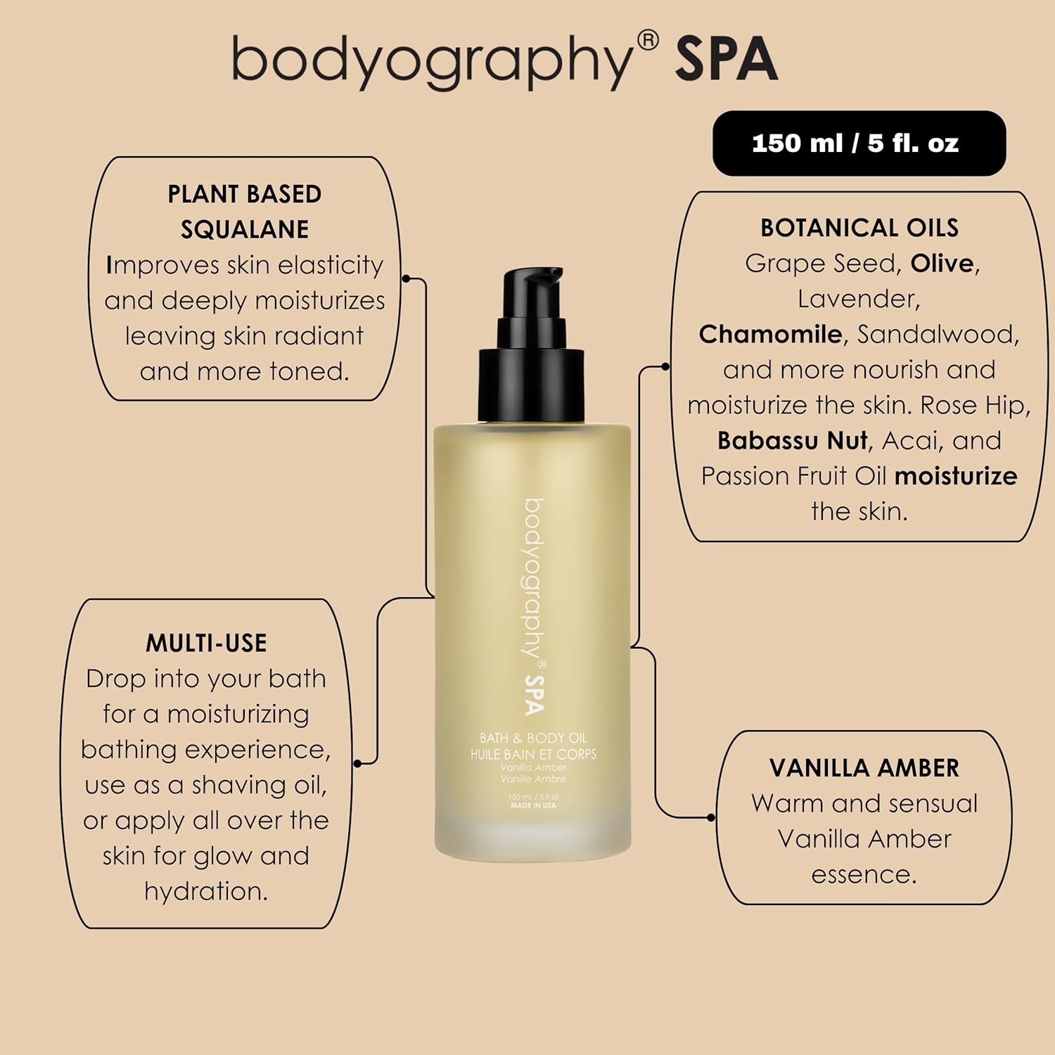 Bodyography Spa Bath & Body Oil 4 oz | Vanilla Amber Fragrance | Hydrating Botanical Oil with Squalene, Rose Hip & Babassu | Vegan, Paraben-Free, Gluten-Free Moisture for Tone & Texture - Image 5