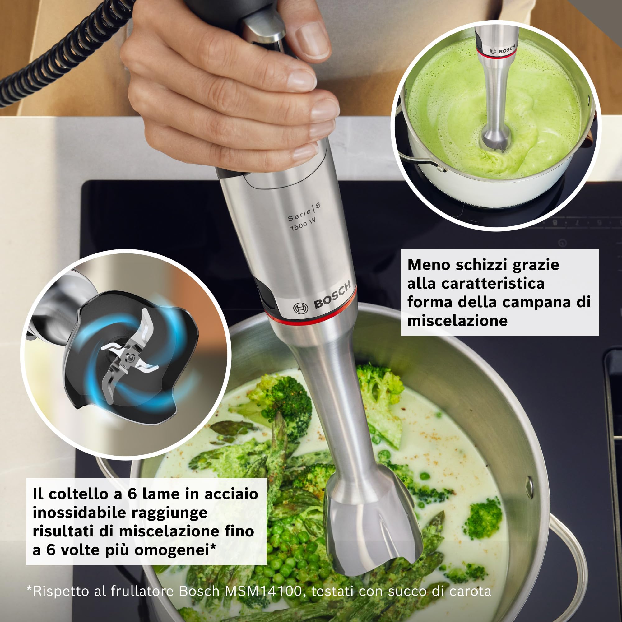 Bosch Serie 8 Frullatore a Immersione ErgoMaster MSM8M930, Potente Motore da 1500 Watt, Regolazione Dinamica della Velocità, Coltello a 6 Lame in Acciaio Inox, Accessori Inclusi, Acciaio Inossidabile