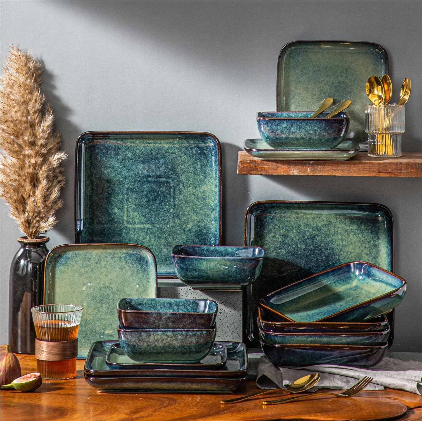 SAeWare Servizio da tavola in ceramica, set da tavola quadrato verde per cambiare forno smaltato, 16 pezzi, stoviglie da cucina in ceramica per 4 persone, blu, 16 pezzi