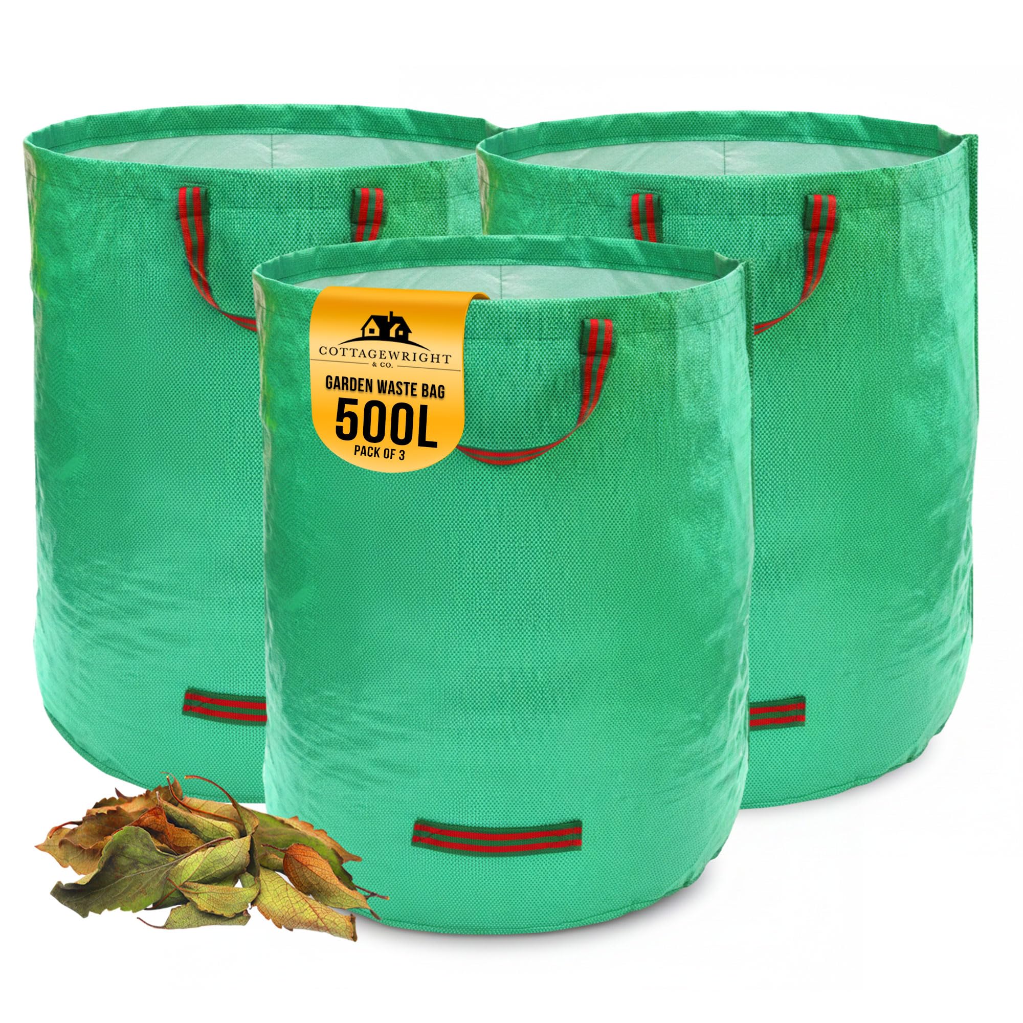 Cottagewright Pack Of 3 - 500L Garden Bags Heavy Duty With Handles - Reusable Garden Waste Bags Heavy Duty For Plant, Grass, Dirt, Leaves Collection, Waste Bags Reusable (Pack Of 3, 500L)