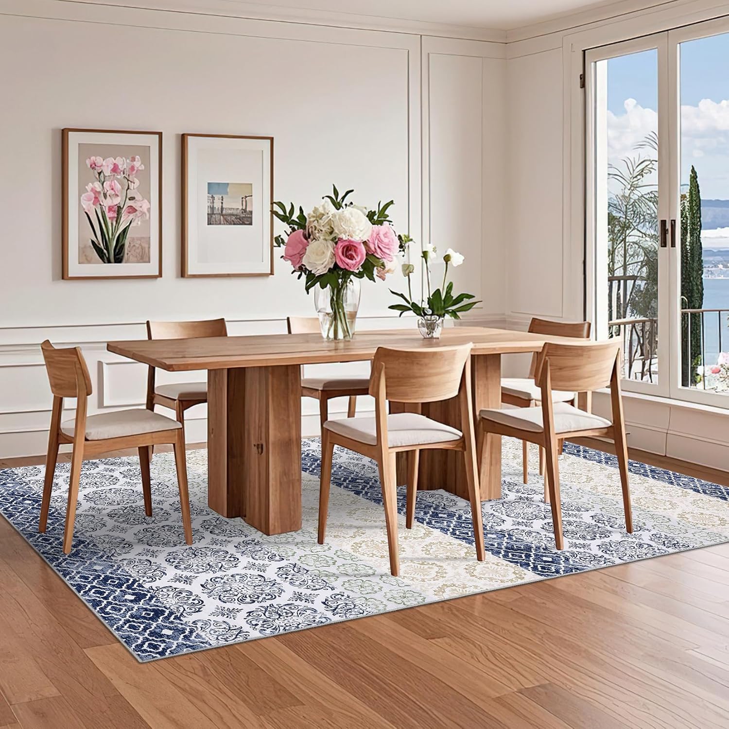 COZYLOOM Vintage Living Room Rugs 8x10 Large Washable Floral Printed Area Rugs, Non-Slip Farmhouse Floor Cover, Stain-Resistant Low Pile Indoor Carpet Mat for Bedroom, Kitchen, Dining Room, Blue