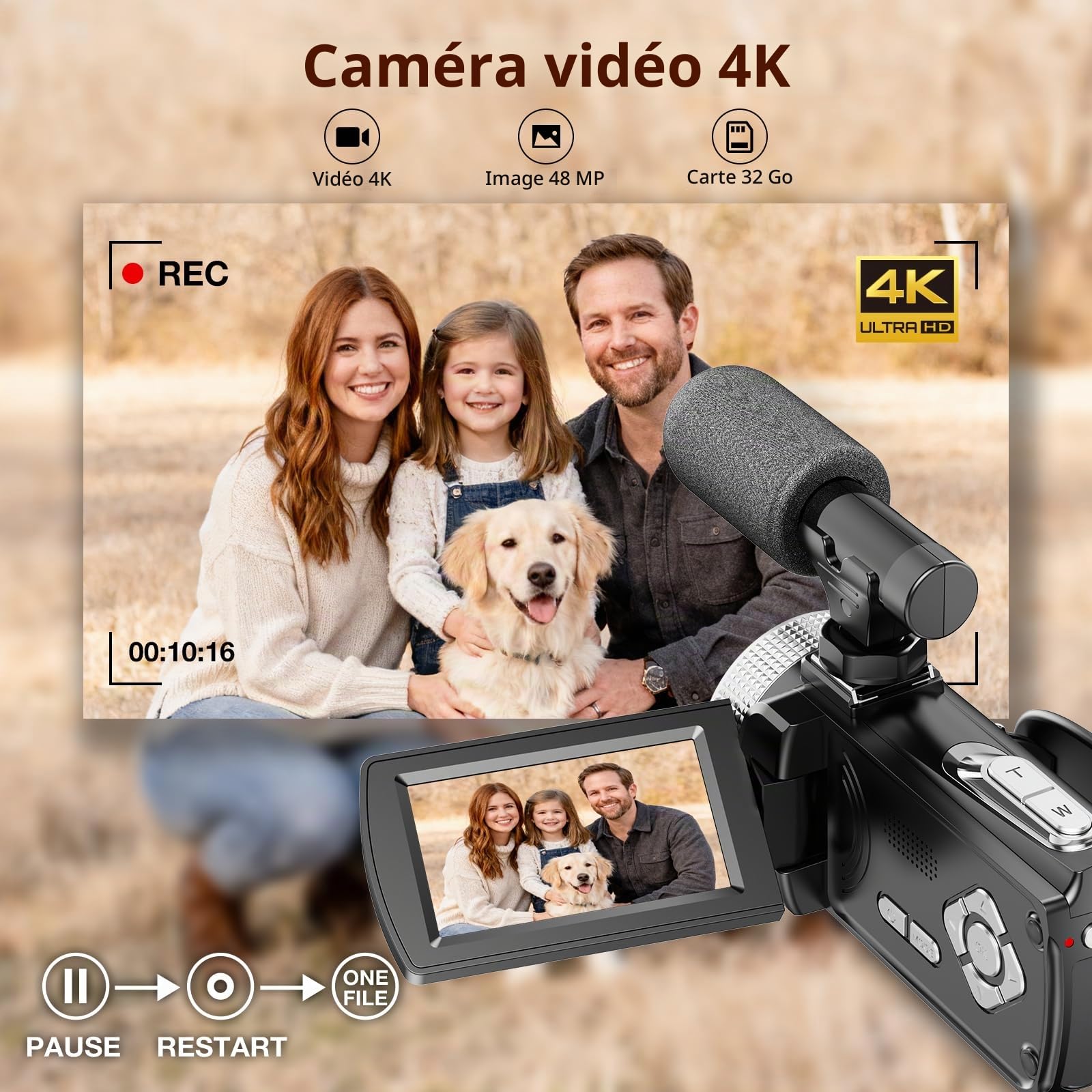 Caméscope 4K 30FPS Caméra Vidéo 48MP, Zoom Numérique 18X Camescope, Écran LCD de 3"Rotatif à 270° Camera Vlog pour Youtube, Camcorder Video Camera avec Carte Mémoire 32 Go, Télécommande, Mic, 2 Piles