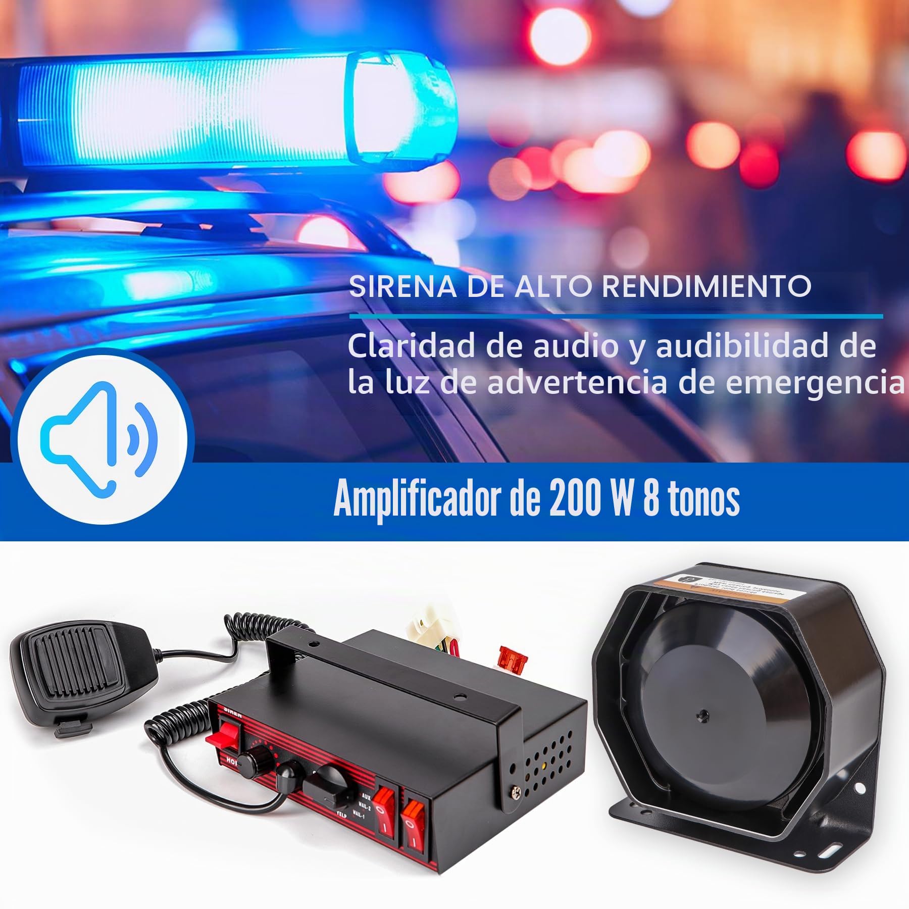 Sirena Policía 200W 130dB Megáfono Altavoz de Emergencia Interruptor Auxiliar Control de Volumen para Coche Camión Ambulancia Vehículo Emergencia con Cable | Volumen ajustable, control fácil de los modos de sirena/altavoz, ideal para emergencia, seguridad