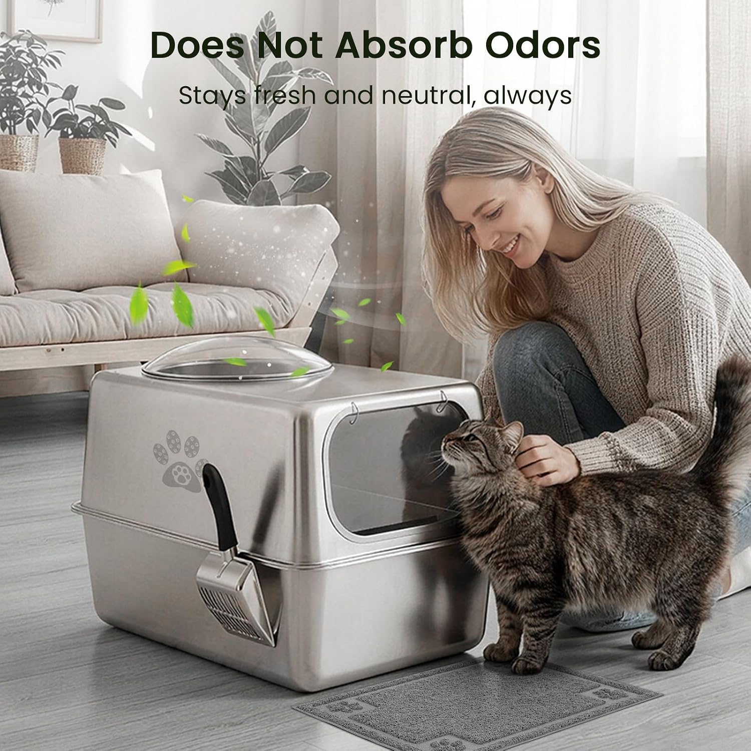 Ptlom Enclosed Stainless Steel Cat Litter Box with Lid, Extra Large Metal Litter Box, Leak-Proof High Sided Covered Litter Box for Kitties & Multi Cats, Non-Stick, Includes Litter Mat & Scoop
