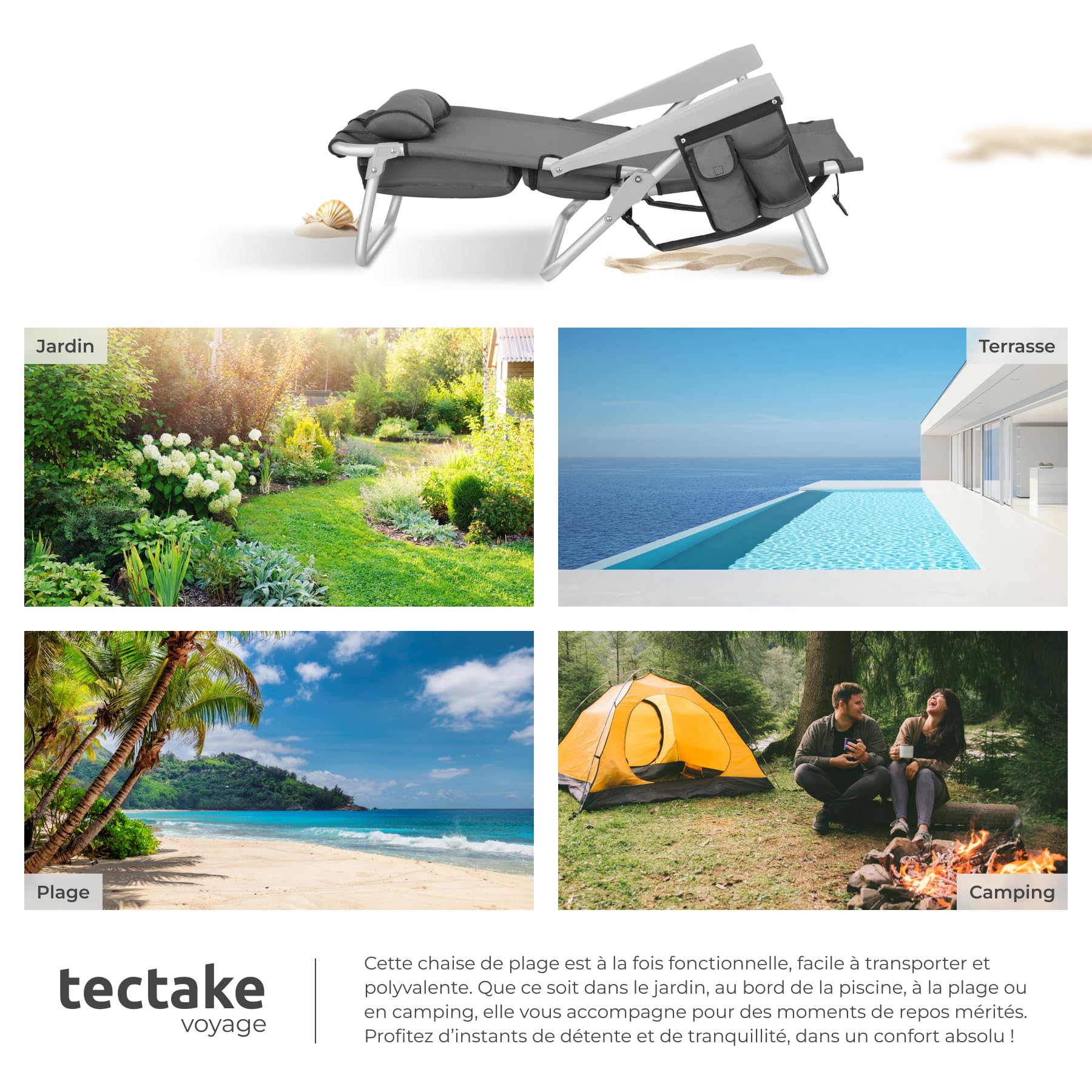 tectake® Chaise pliante Chaise Plage Fauteuil Camping, Cadre en Aluminium inoxydable, Dossier réglable 5 positions avec Appuie-tête Porte gobelet Sac isotherme intégré Accessoire plage Voyage Festival