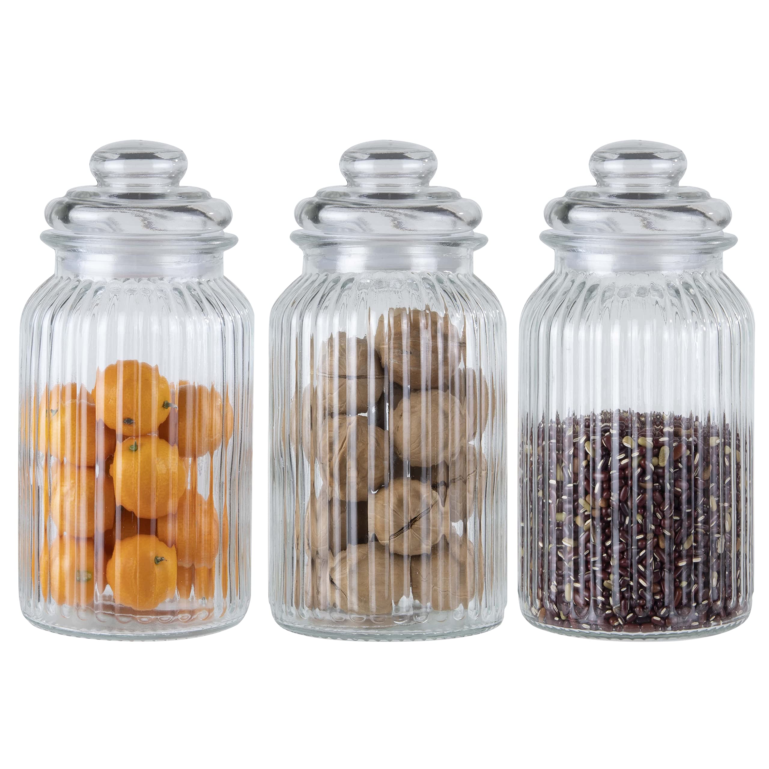 ORNAMI Ribbed Glass Storage Kitchen Jar with Airtight Lid (1.4L, Set of 3)