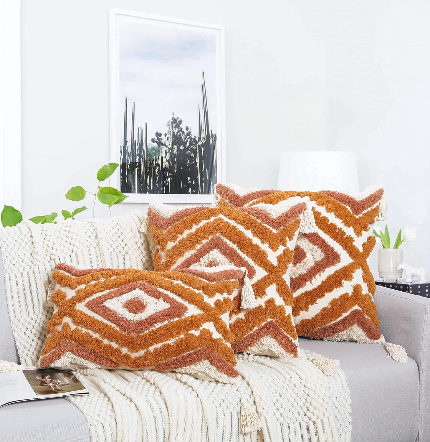 Merrycolor Boho Lumbar Throw Pillow Cover 12x20 inch,Bohemian Tufted Decorative Pillow Covers with Tassels for Couch Sofa Bedroom Living Room - Image 7