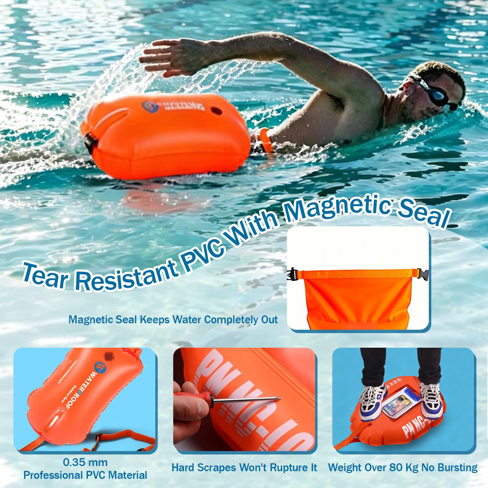 Schwimmboje mit Touchscreen-Fach für Triathlon & Freiwasser | Sicherer Auftrieb, wasserdichtes Trockenfach, Doppelkammer, bis 100 kg, 0.35 mm PVC, sichtbar im See, Strand, Familie, Geschenk