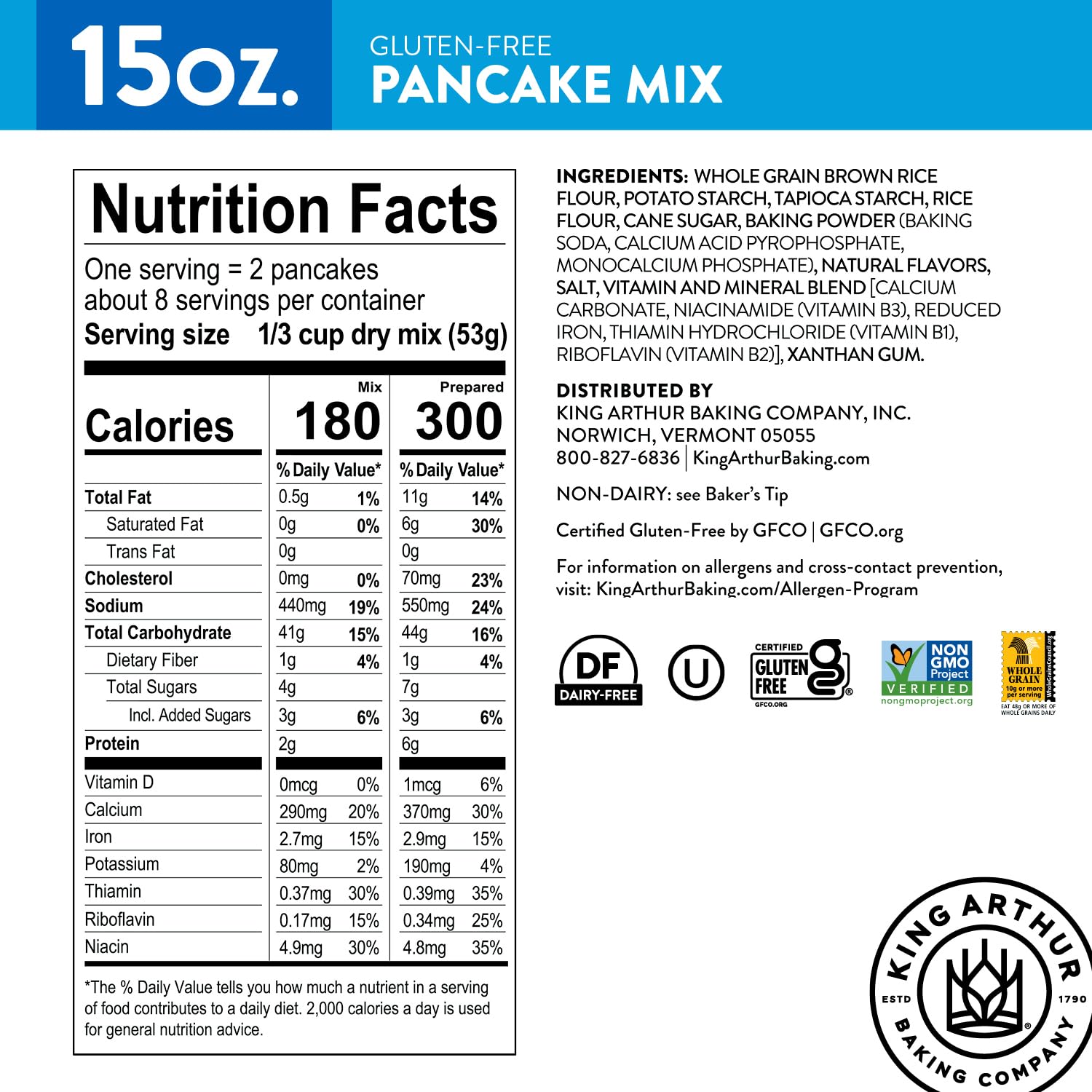King Arthur Flour Gluten Free Pancake Mix, 15 Ounce (Pack of 6)
