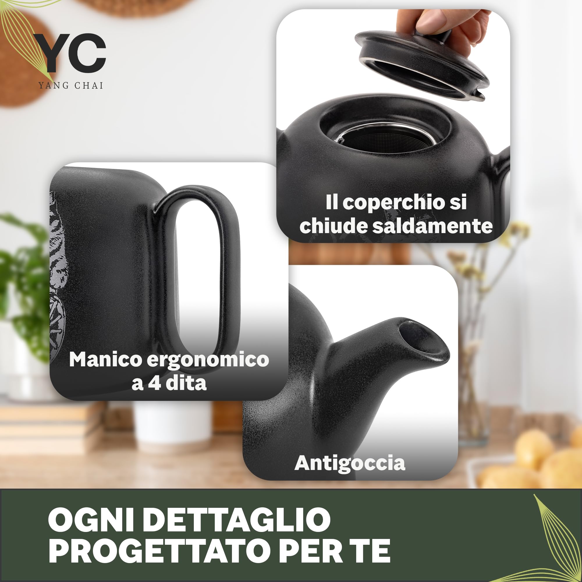 YC Yang Chai YC GATOLO - Teiera con fornello, in ceramica nera opaca, 1,3 l, teiera con inserto per colino, antigoccia e resistente al calore, teiera in ceramica fatta a mano, calore duraturo