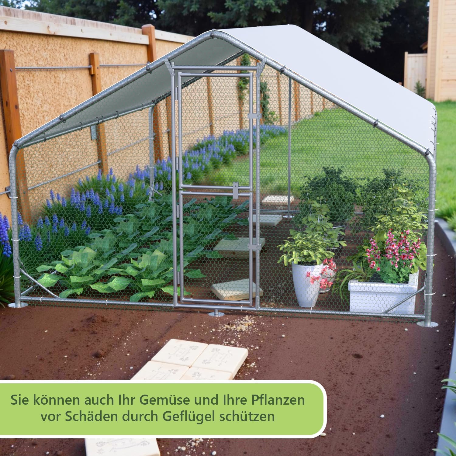 Grande pollaio in metallo, 3 x 2 x 2 m, con tetto, per giardino, resistente alle intemperie, per 6-10 polli, con accessori e scala