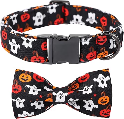 Maca Bates - Collares de Halloween para perros, collar de algodón suave con hebilla de metal, collar de perro con corbatín ajustable para perros