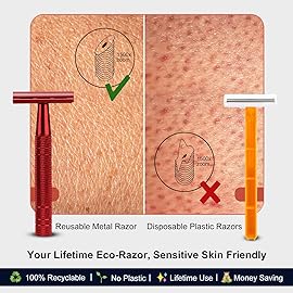 Safety Razor for Women and Men, Single Blade Razors, Reusable Metal Womens Razors for Shaving, with 10 Stainless Steel Double Edge Blades, Smooth and Close Shave, Plastic Free, Red