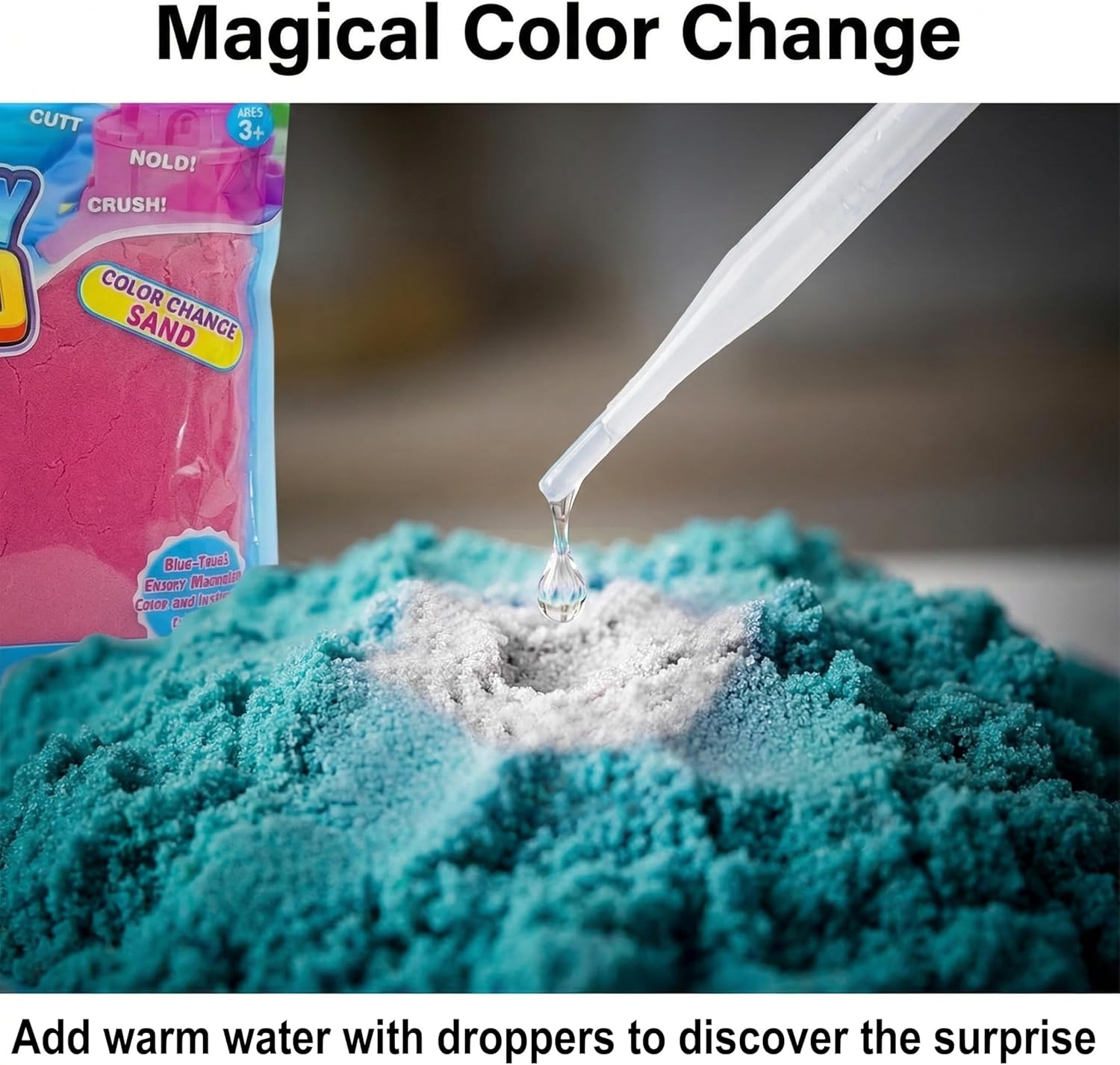 Carolart Color-Changing Sand Bulk, Magical Water-Activated Sensory Play Sand, Value Pack of 3 Colored Moldable Refill Packs, Resealable Bag, Sensory Toys for Girls and Boys Ages 3+