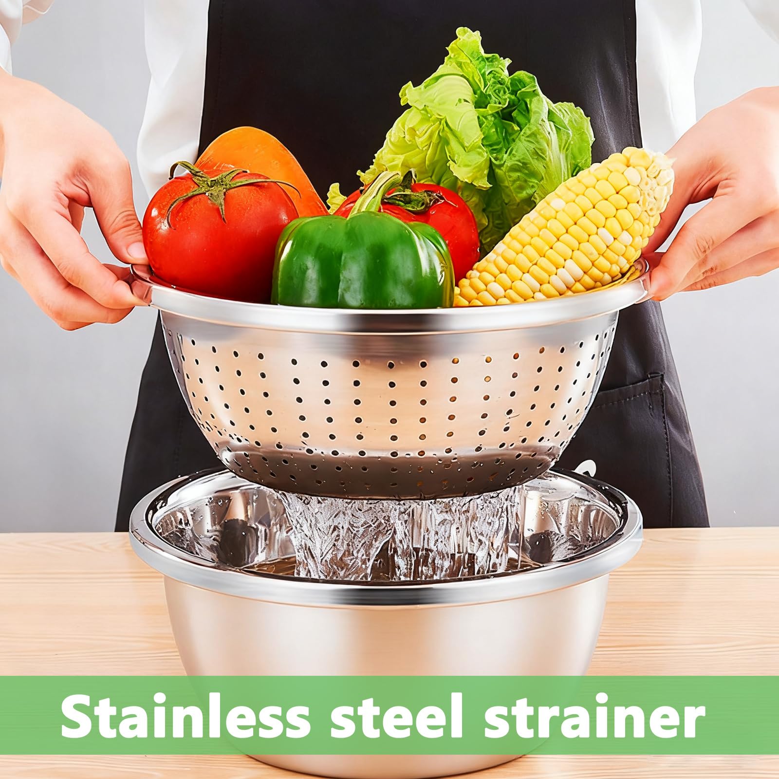 Set di 2 colino e ciotole in acciaio inox, 20 cm, colino da cucina, colino per pasta di riso, ciotola impilabile in acciaio inox, per verdure, frutta, pasta di riso
