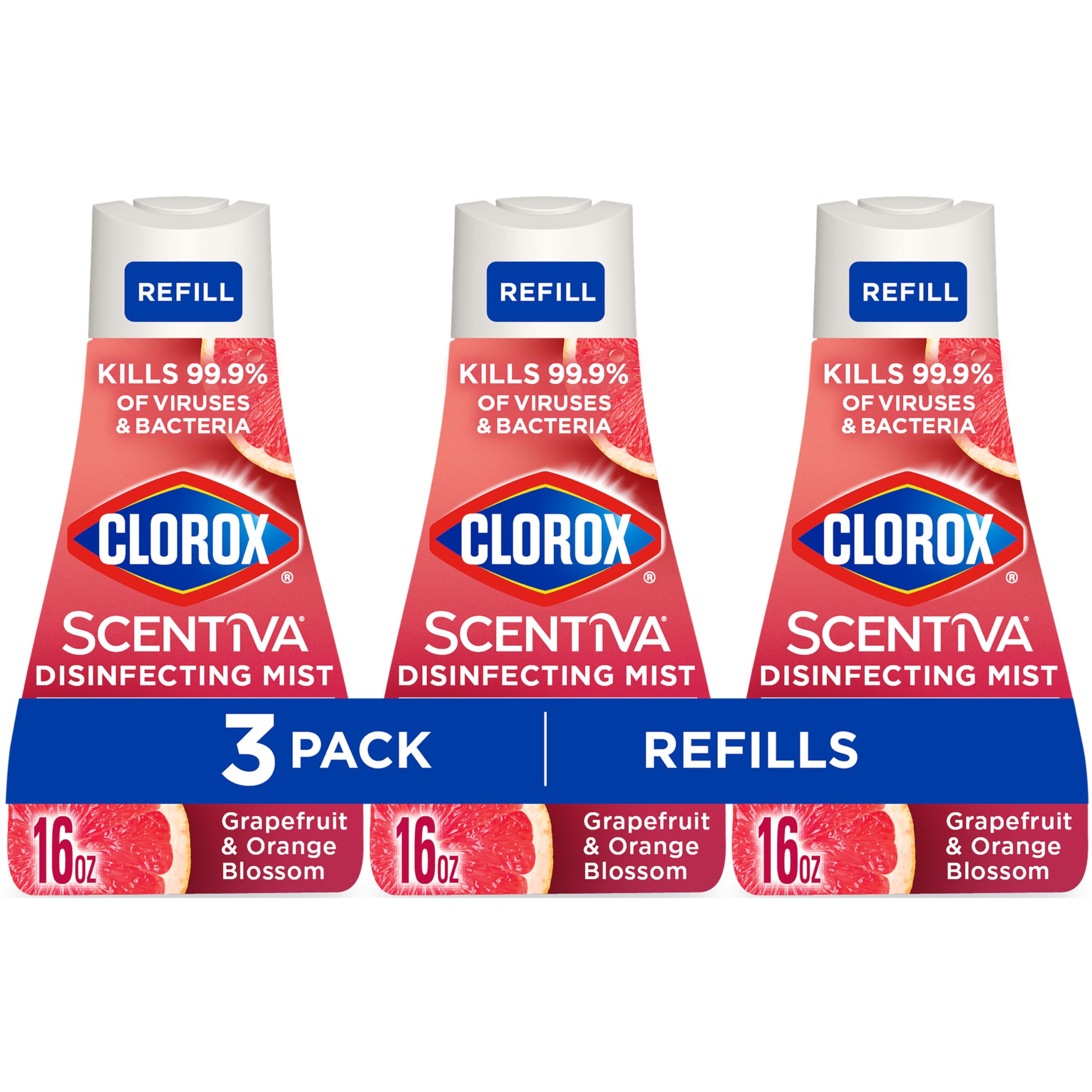 Clorox Scentiva Disinfecting Mist, Grapefruit and Orange Blossom, Refill, 16 Fl Oz Each, Pack of 3