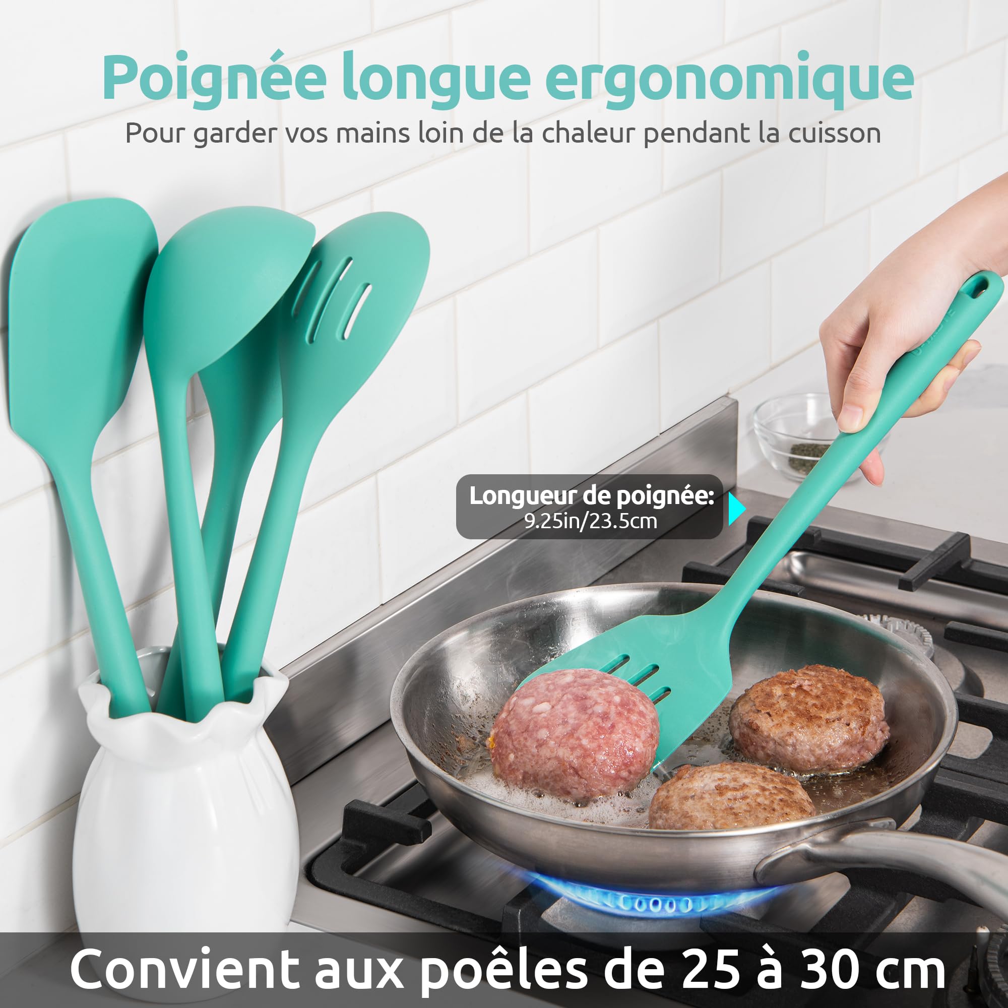 U-Taste Ustensiles de cuisine en silicone extra longs: spatules de cuisson résistantes à la chaleur de 315 ℃, cuillères de service pour mélanger friture remuer l'égouttage (5 pièces, Aqua Sky)