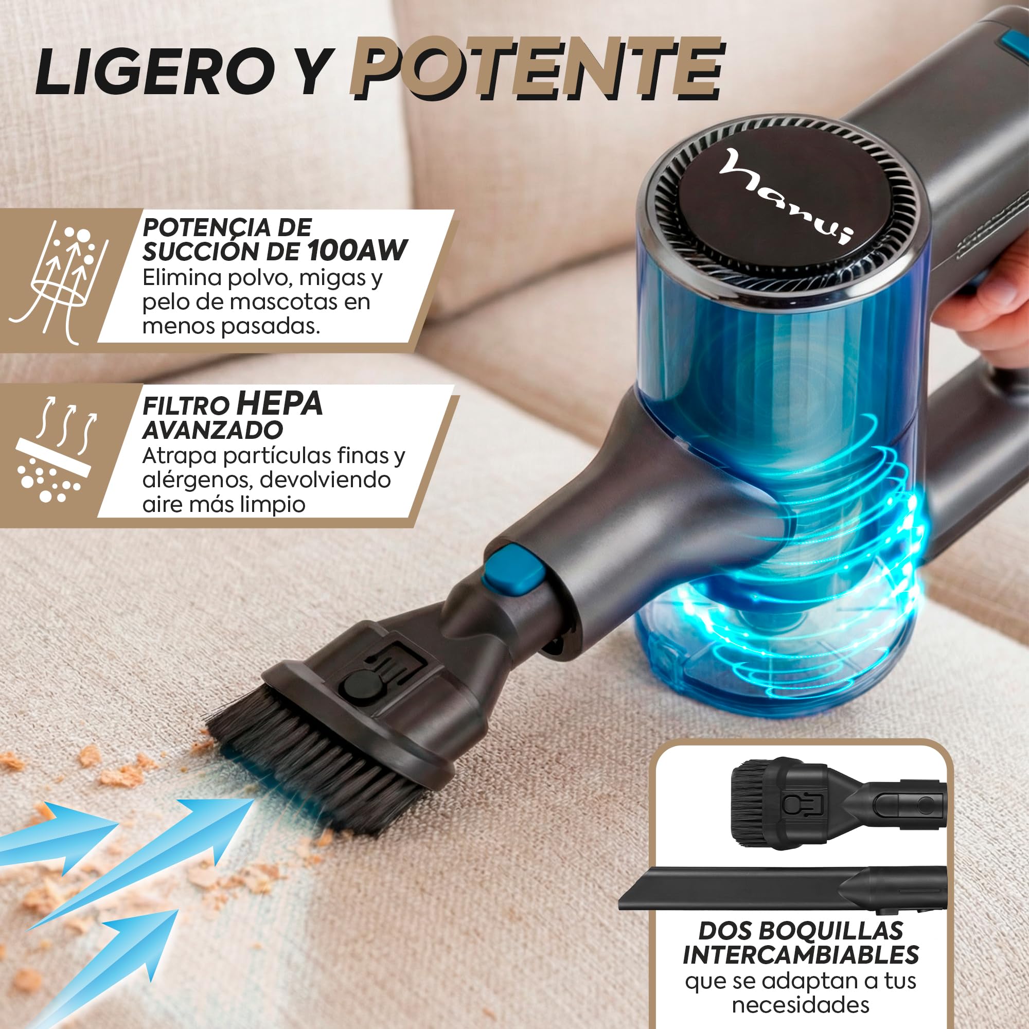 NARVI Aspiradora sin Cable 250W Aspiradora de Mano 20KPA | 6 en 1 Inalámbrica 40 min autonomía, batería extraíble, Cepillo entienredo, filtro HEPA, Ideal para Pelo de Mascotas y Hogar