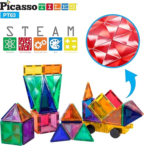 Miniatura 2 de PicassoTiles Juego de 63 piezas de azulejos magnéticos de diamante + 4 figuras de acción familiar, juego de juguetes de construcción de bloques de