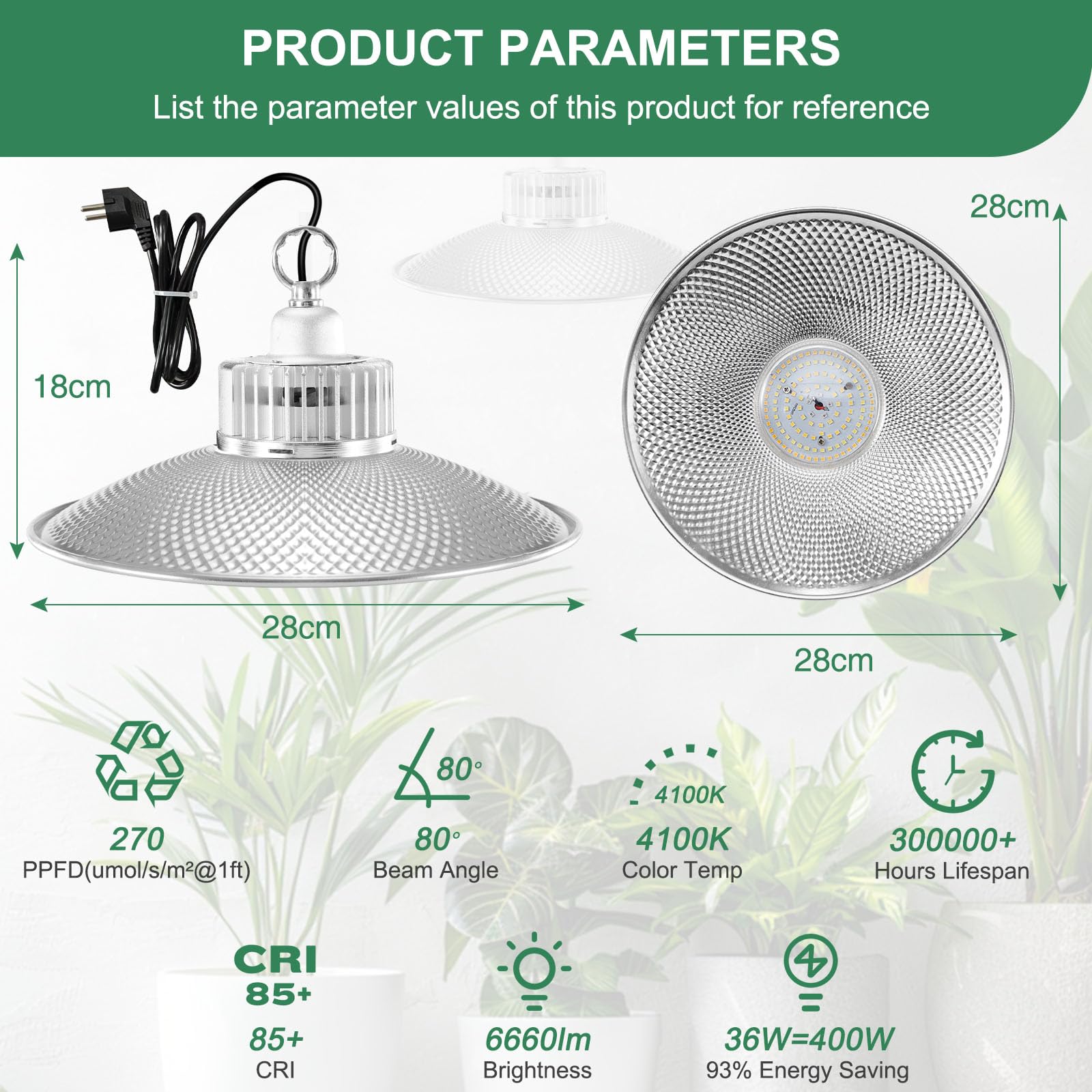 Lampe Horticole Led 36 W À Spectre Complet Équivalente À 400 W Avec Crochet De Suspension Et PPFD Élevé Pour Plantes D'Intérieur, Fleurs, Légumes Et Fruits, Lampe De Croissance 4100 K