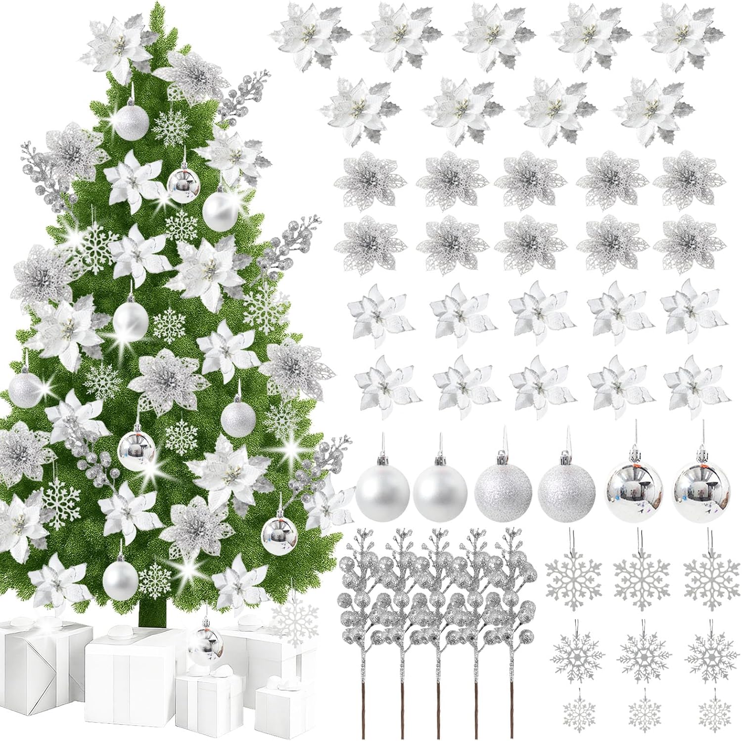 KEPATO 48PCS Christmas Tree Decorations Set, Rose Gold Christmas Ornaments Set Includes Ball, Artificial Poinsettia Flowers and Berries, for Xmas Tree Decor (Rose Gold)