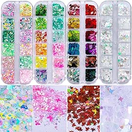 AddFavor 4 Boxes Nail Glitter Holographic Maple Chunky Glitter Flakes Mixed Shaped Flower Heart Star Iridescent Nail Sequins Decals for Fall Nail Art/False Eyelash Decor Supplies
