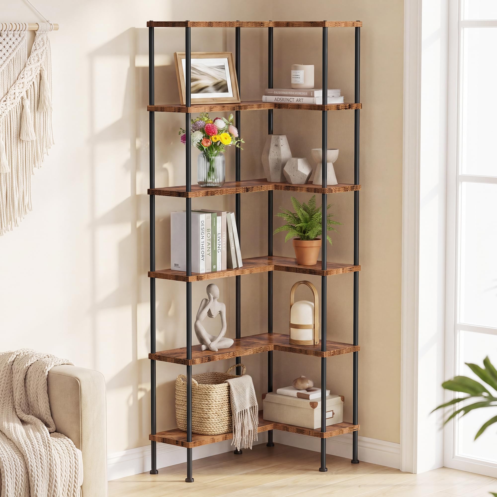 OYRREU 6 Tier Corner Shelf Unit, Industrial Tall Bookcase for Living Room