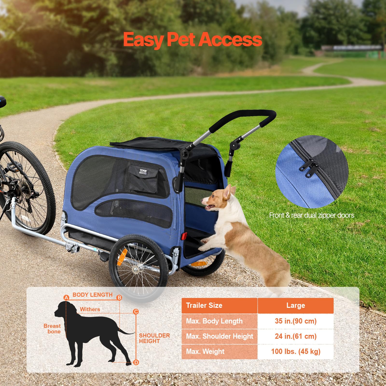 VEVOR Rimorchio Bici per Cani Pieghevole Portata max. 45kg Passeggino per Animali Domestici con Ruote a Sgancio Rapido, Attacco Universale, Carrello per Bici Traino Rimorchio per Animali Nero/Blu