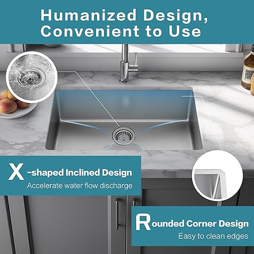 Vista 60 de Fregadero de cocina de acero inoxidable S304 de calibre 16 de 33 x 22 x 10 pulgadas, hecho a mano, moderno, con accesorios y fregaderos de cocina