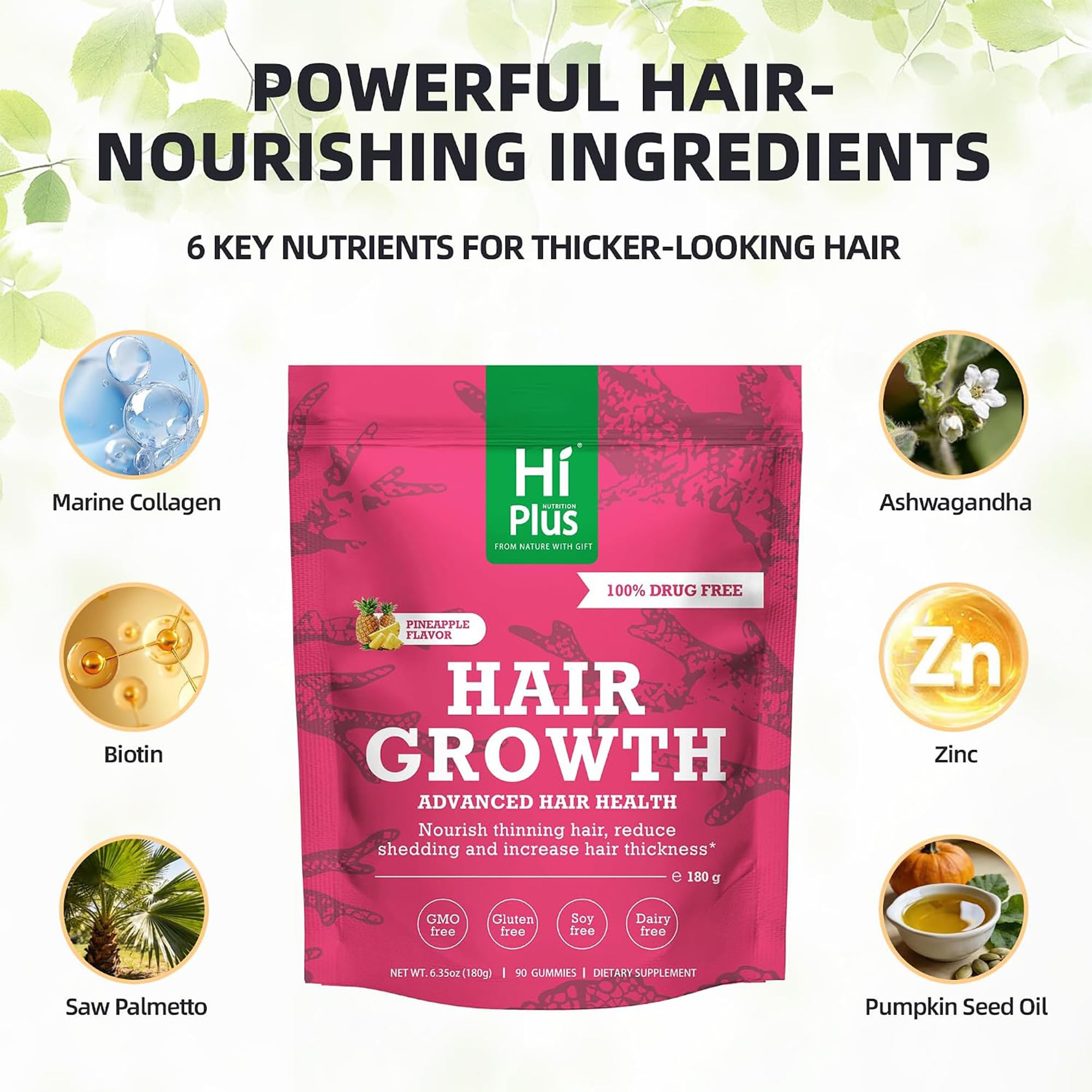 Gomme gommose per la crescita dei capelli per uomini e donne, vitamine per la crescita dei capelli con biotina, collagene, vitamina C, ferro e zinco, supporta capelli più spessi, più forti, sapore di