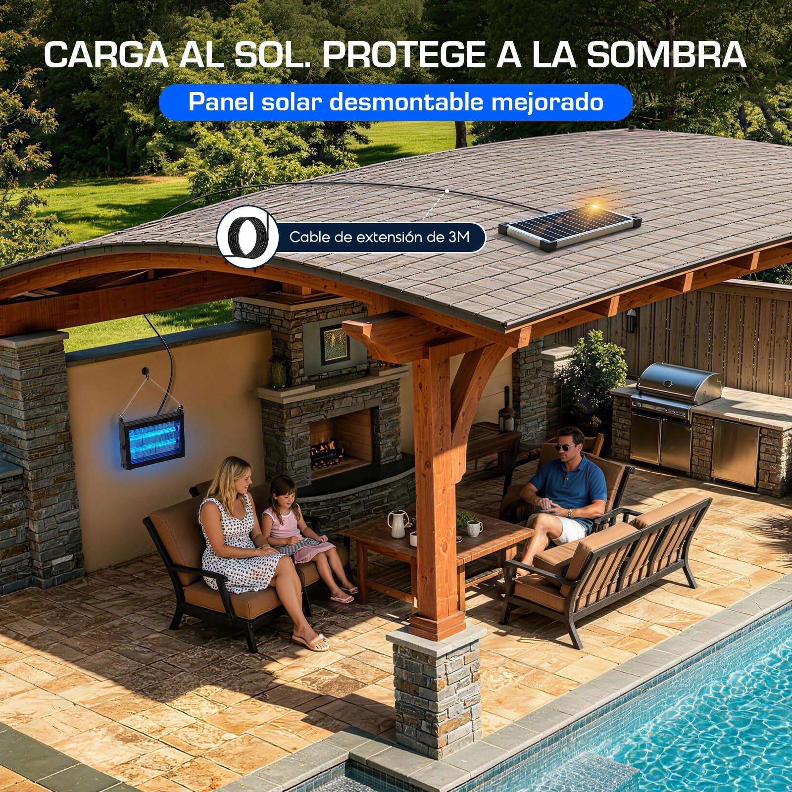 Lámpara Antimosquitos Solar 4500V, Mata Moscas Eléctrico Exterior con Sensor en el Panel, Anti Mosquitos Impermeable, Ideal para Patio, Jardín y Camping (Negro)