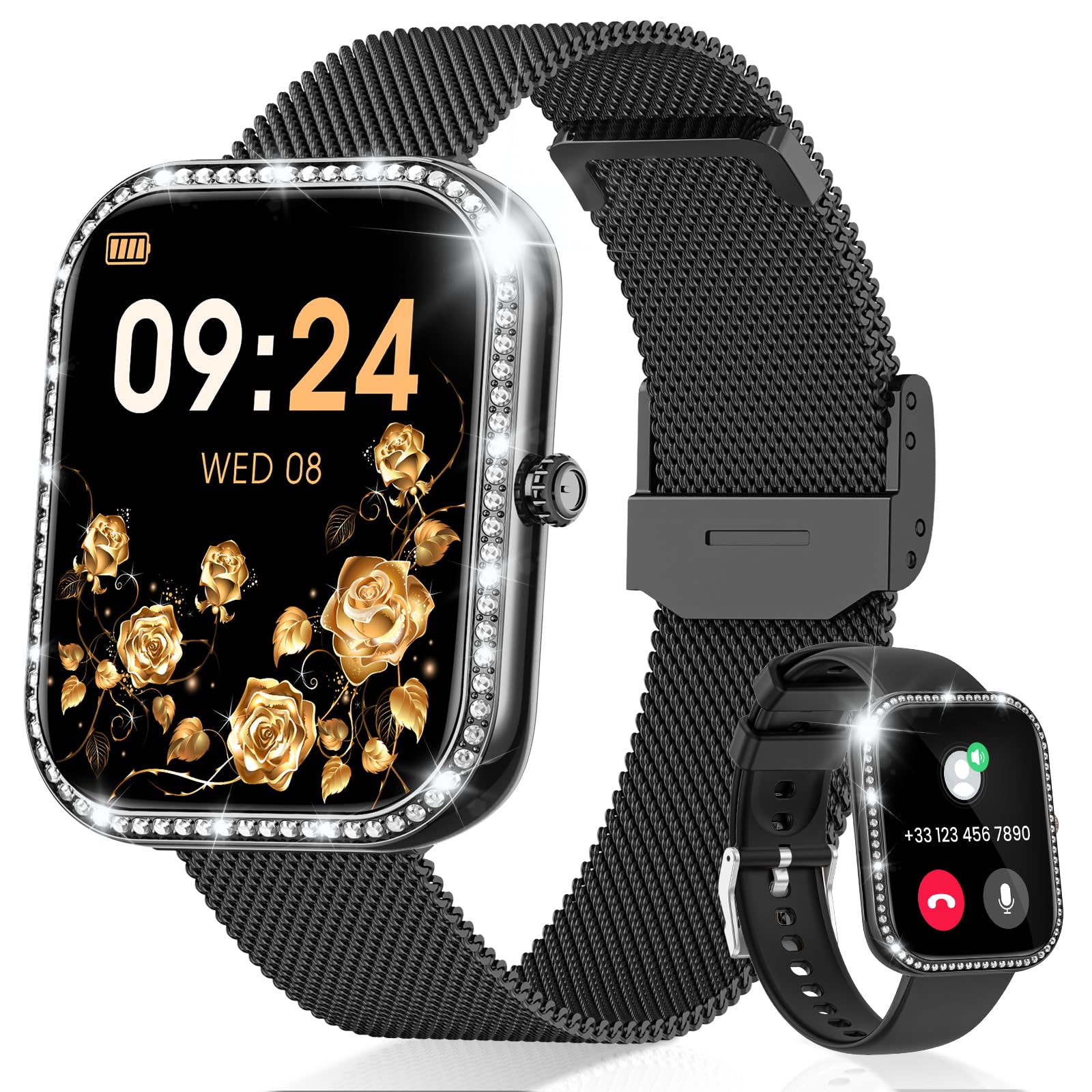 Fitnynxos Smartwatch Donna con Chiamata, 1,75" HD Orologio Smart Watch con 130+ Sport, Cardiofrequenzimetro, SpO2, Sonno, Ciclo Mestruale, Fitness Activity Tracker IP68 Android/iOS Nero, Regalo Donna