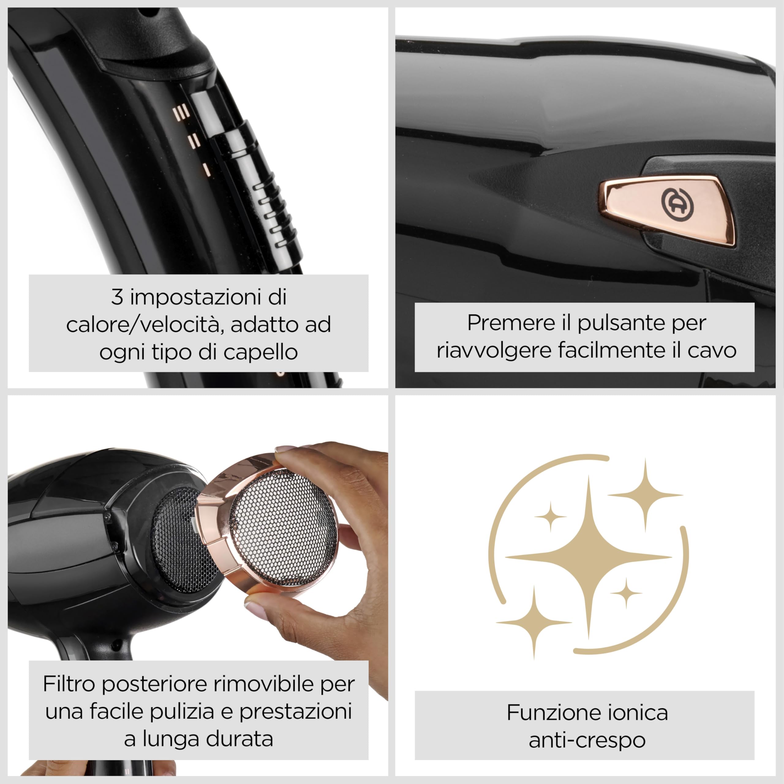 BaByliss Asciugacapelli con cavo retrattile, 2000W Phon Capelli Professionale, funzione ionica anti-crespo, 3 impostazioni di calore - 2 velocità, Nero, D373E